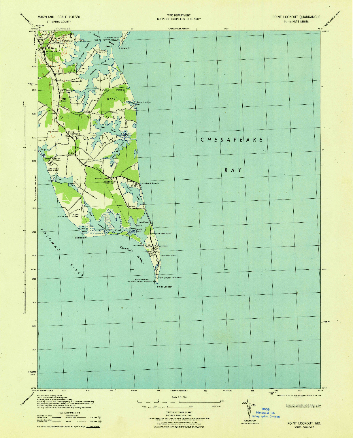 USGS 1:31680-SCALE QUADRANGLE FOR POINT LOOKOUT, MD 1943