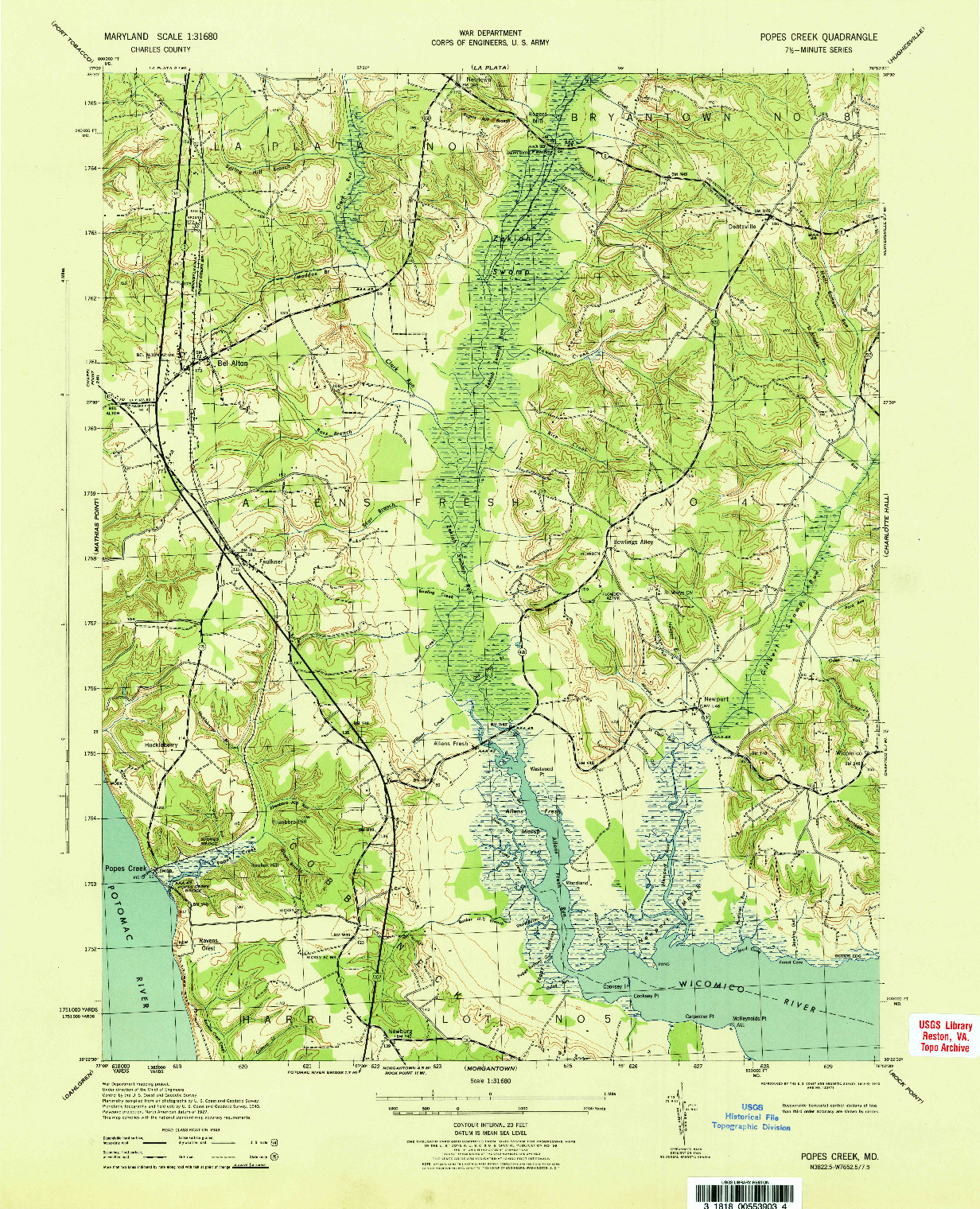 USGS 1:31680-SCALE QUADRANGLE FOR POPES CREEK, MD 1943