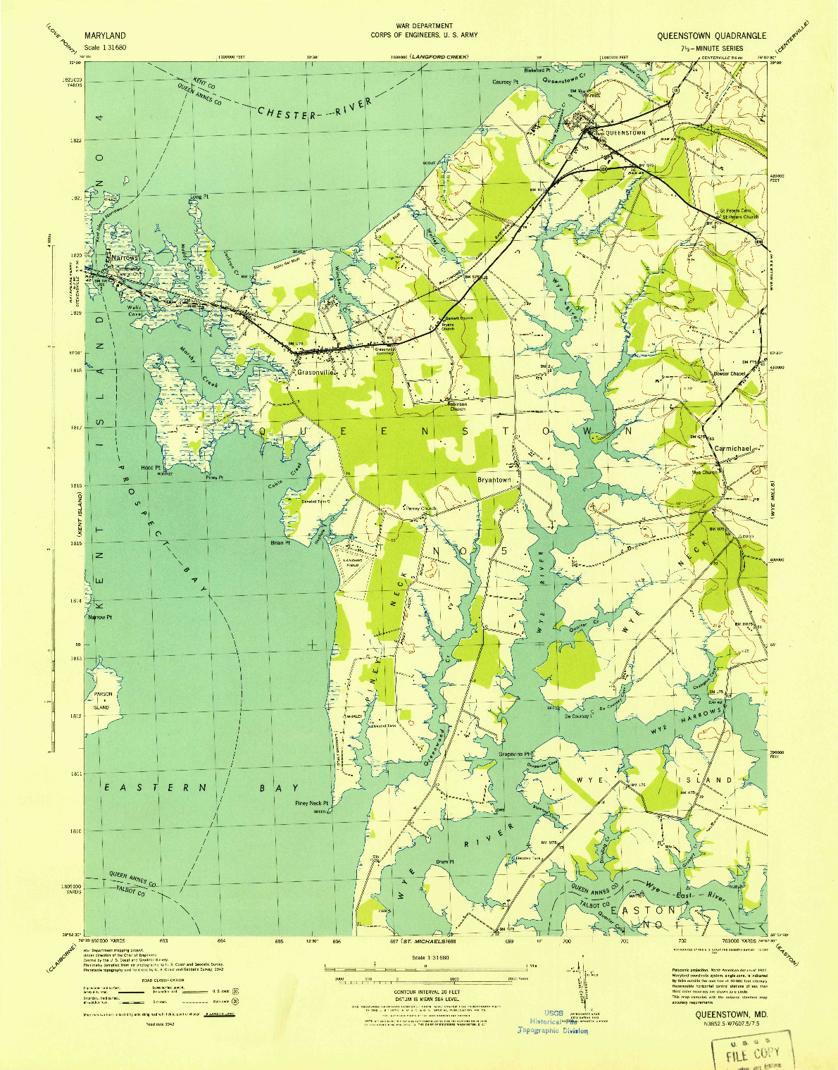 USGS 1:31680-SCALE QUADRANGLE FOR QUEENSTOWN, MD 1943
