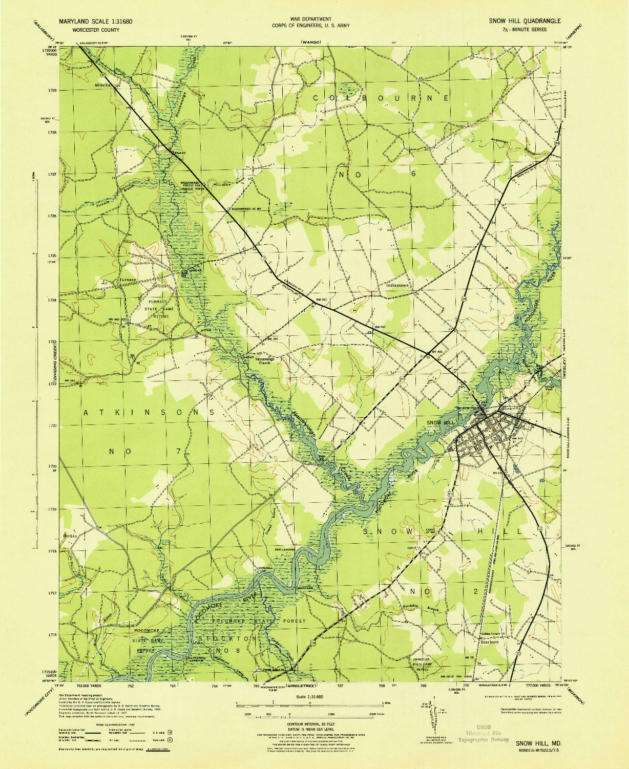 USGS 1:31680-SCALE QUADRANGLE FOR SNOW HILL, MD 1943