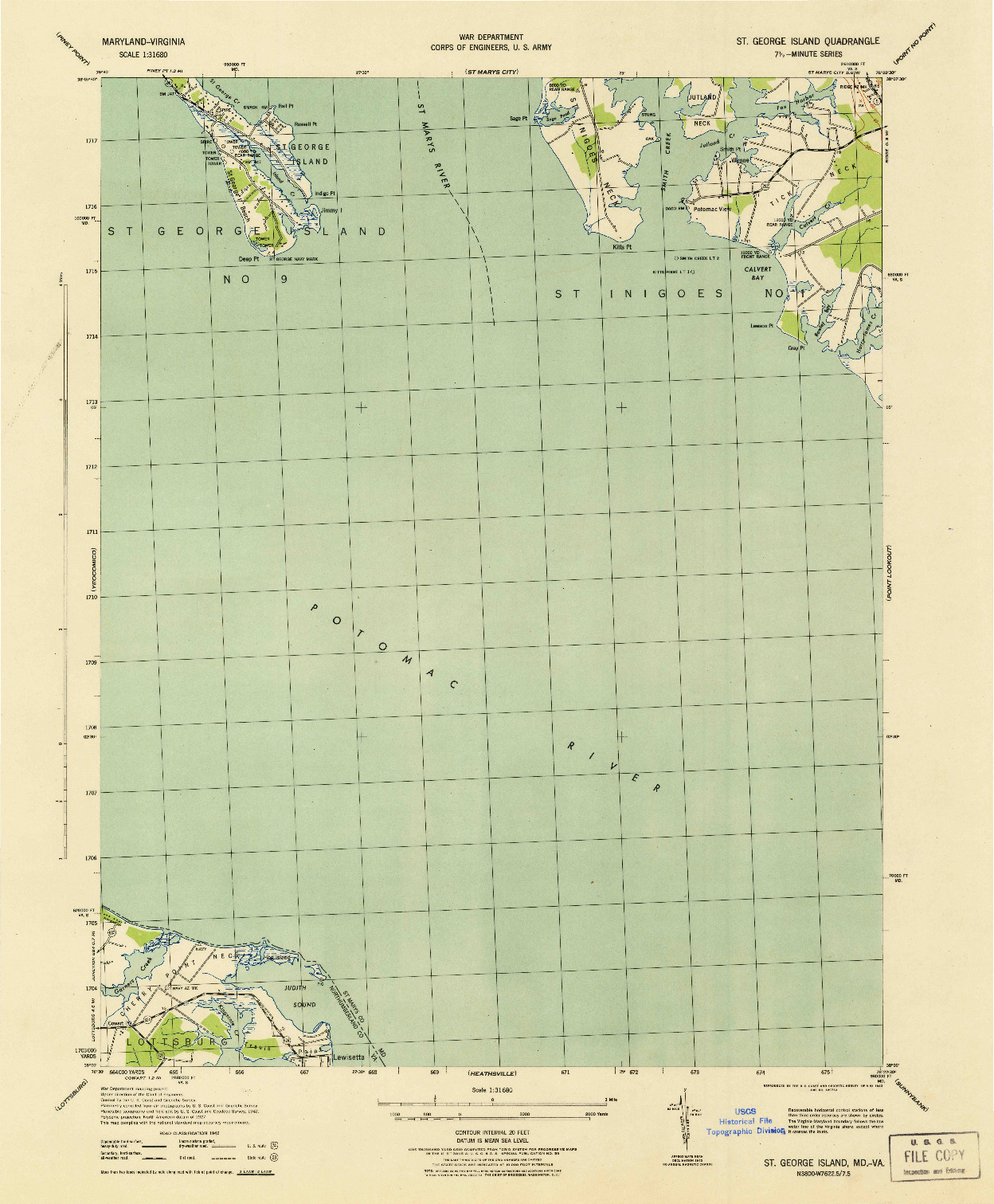 USGS 1:31680-SCALE QUADRANGLE FOR ST. GEORGE ISLAND, MD 1943