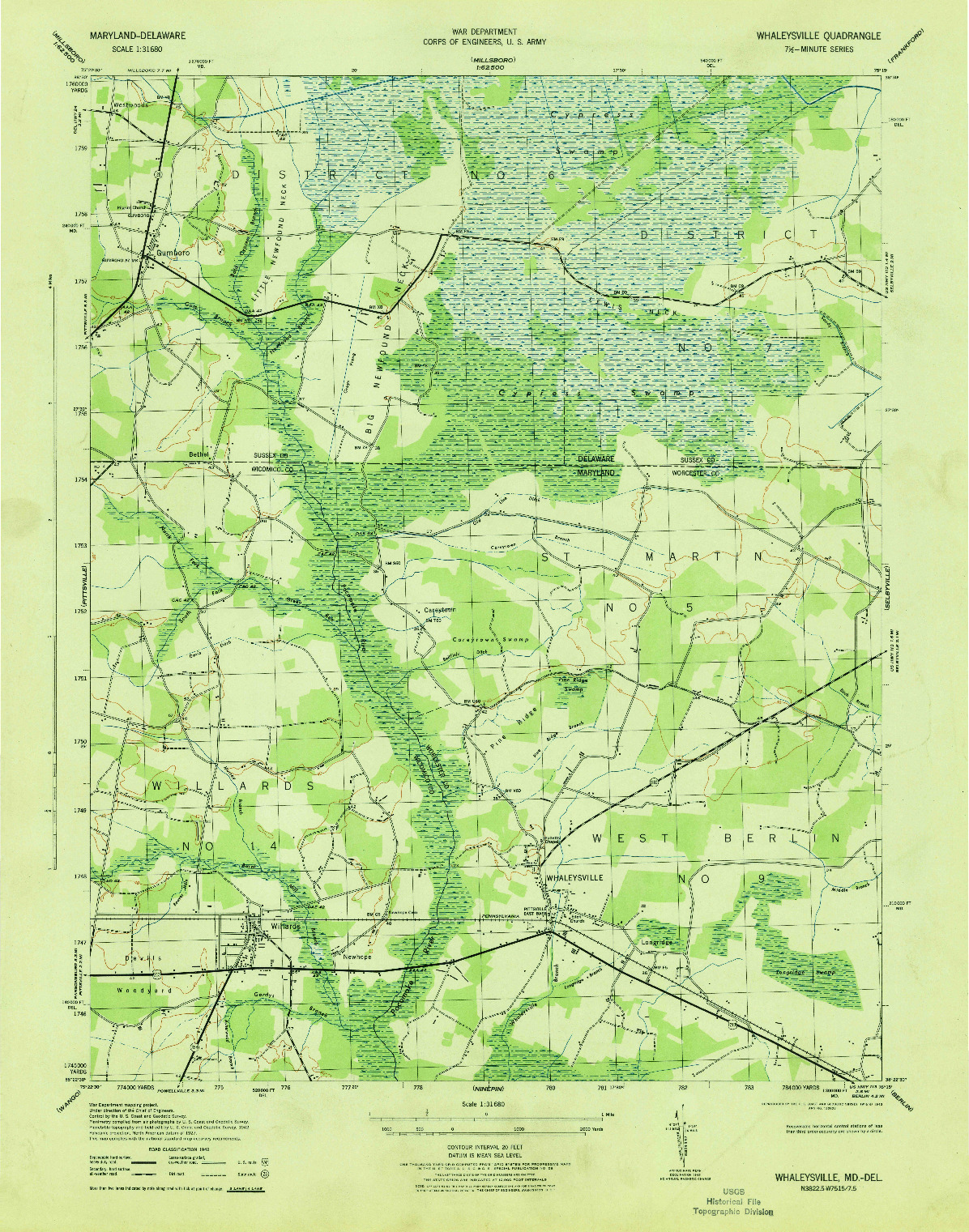 USGS 1:31680-SCALE QUADRANGLE FOR WHALEYSVILLE, MD 1943
