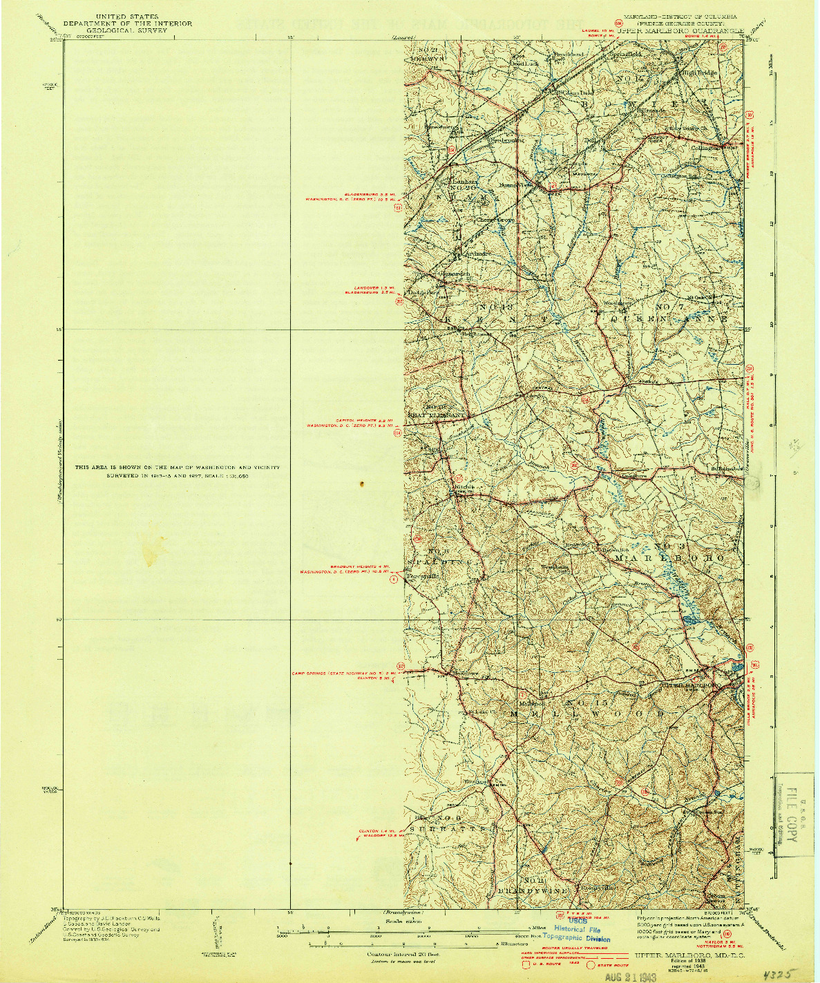 USGS 1:62500-SCALE QUADRANGLE FOR UPPER MARLBORO, MD 1938