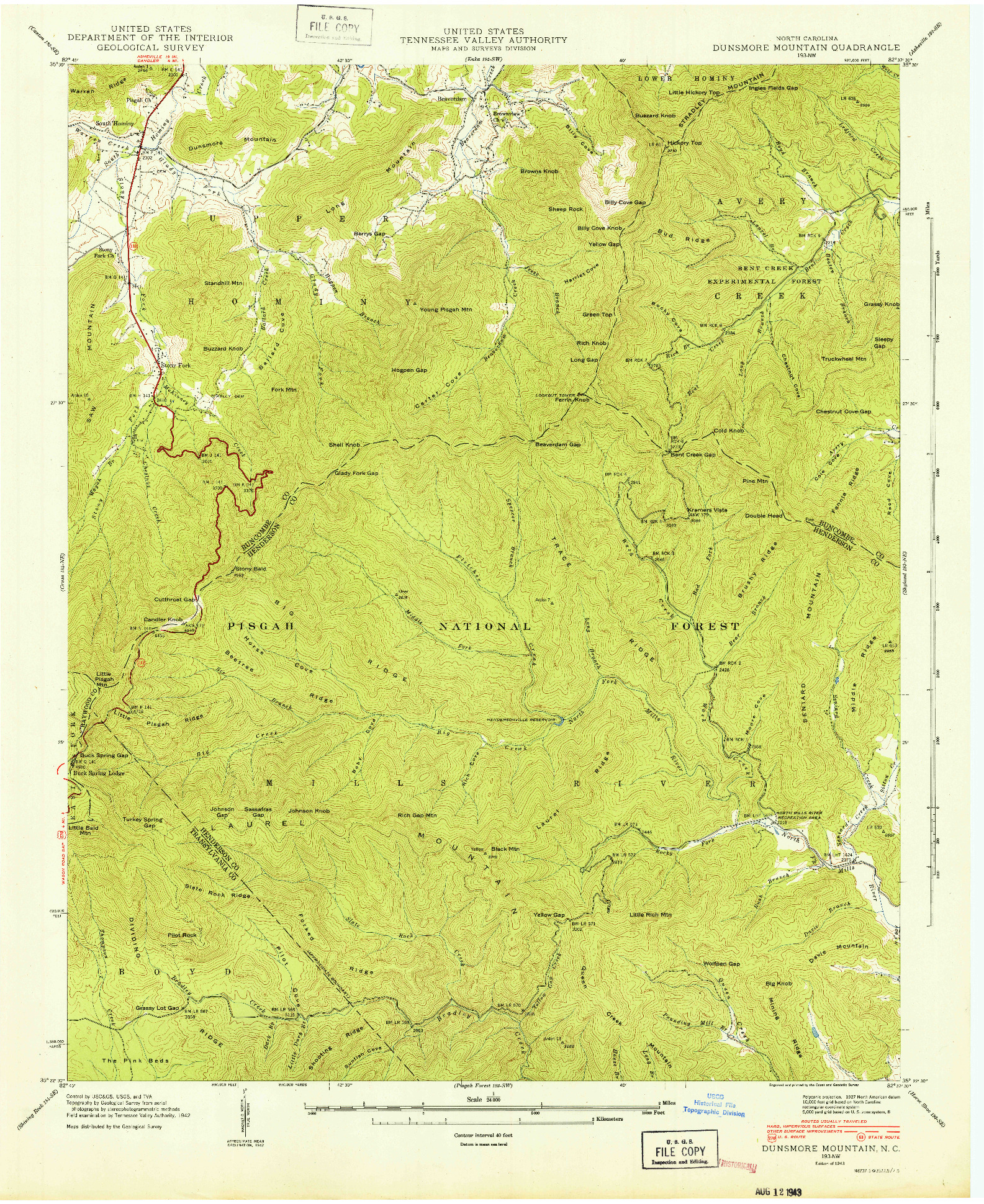 USGS 1:24000-SCALE QUADRANGLE FOR DUNSMORE MOUNTAIN, NC 1943