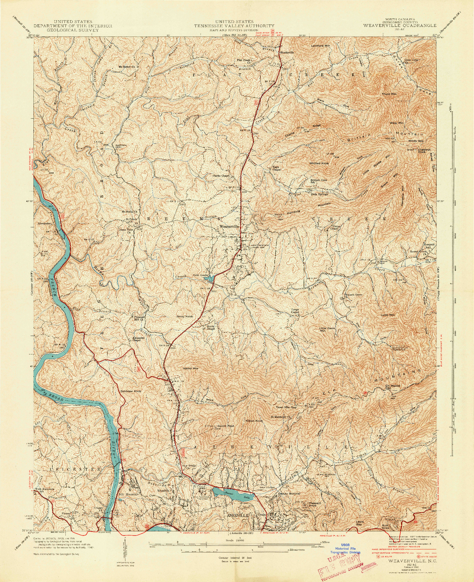 USGS 1:24000-SCALE QUADRANGLE FOR WEAVERVILLE, NC 1943