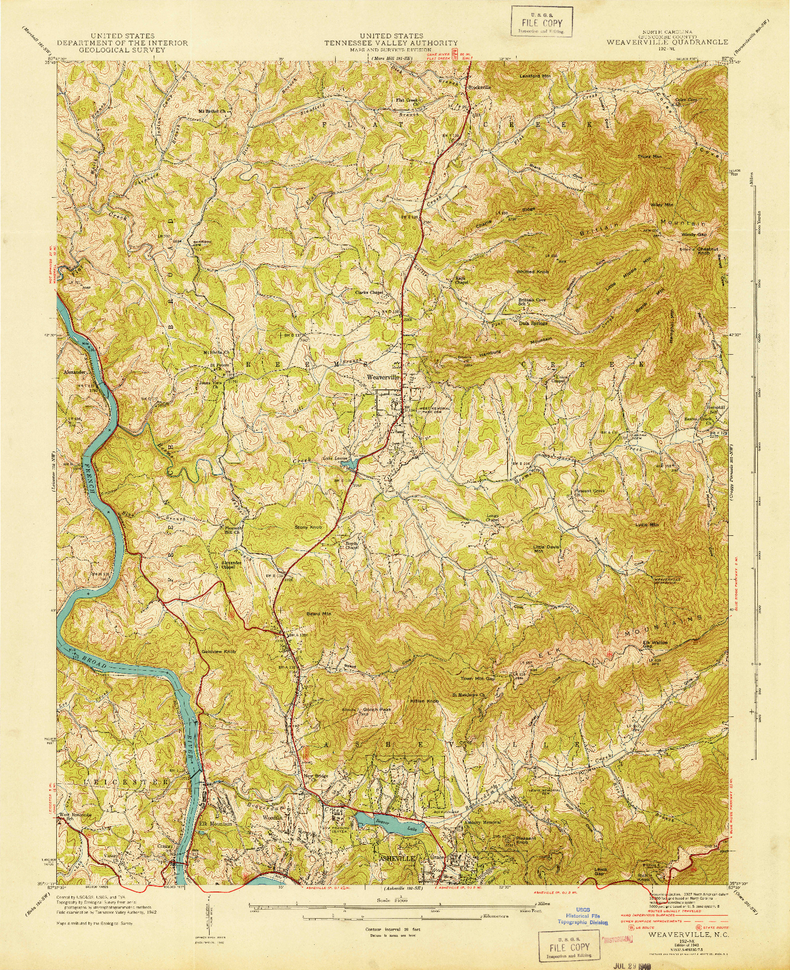 USGS 1:24000-SCALE QUADRANGLE FOR WEAVERVILLE, NC 1943