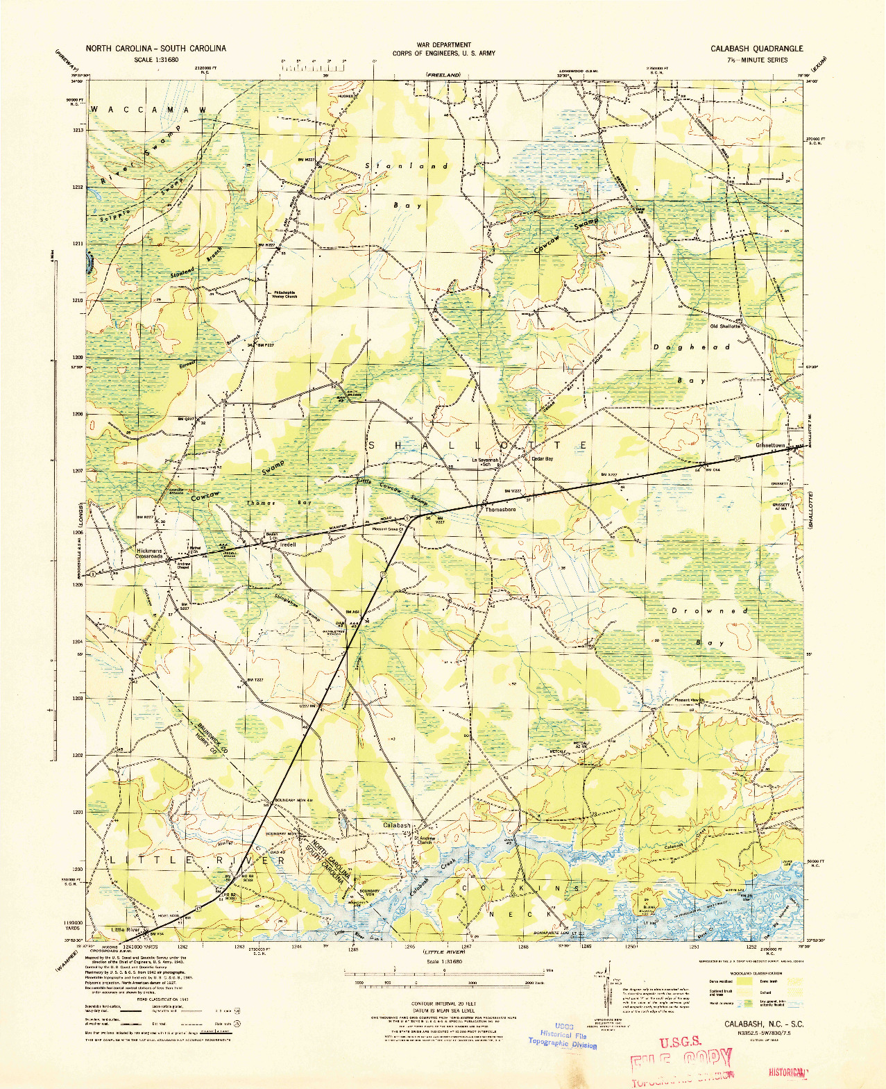 USGS 1:31680-SCALE QUADRANGLE FOR CALABASH, NC 1943