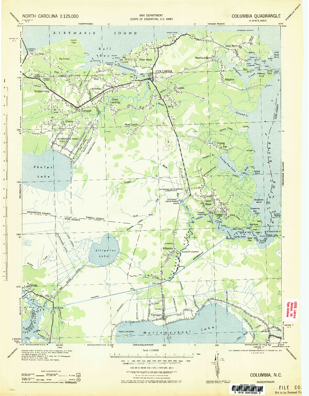 USGS 1:125000-SCALE QUADRANGLE FOR COLUMBIA, NC 1943