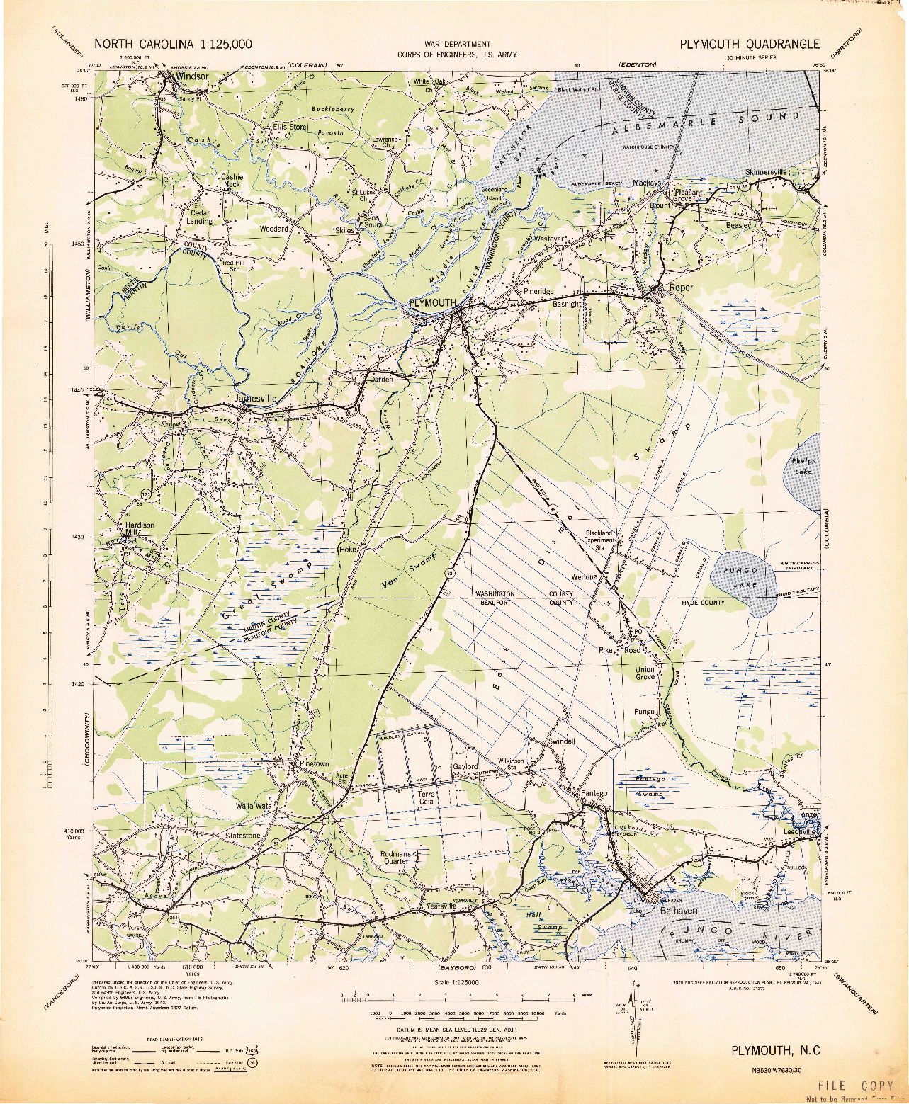 USGS 1:125000-SCALE QUADRANGLE FOR PLYMOUTH, NC 1943