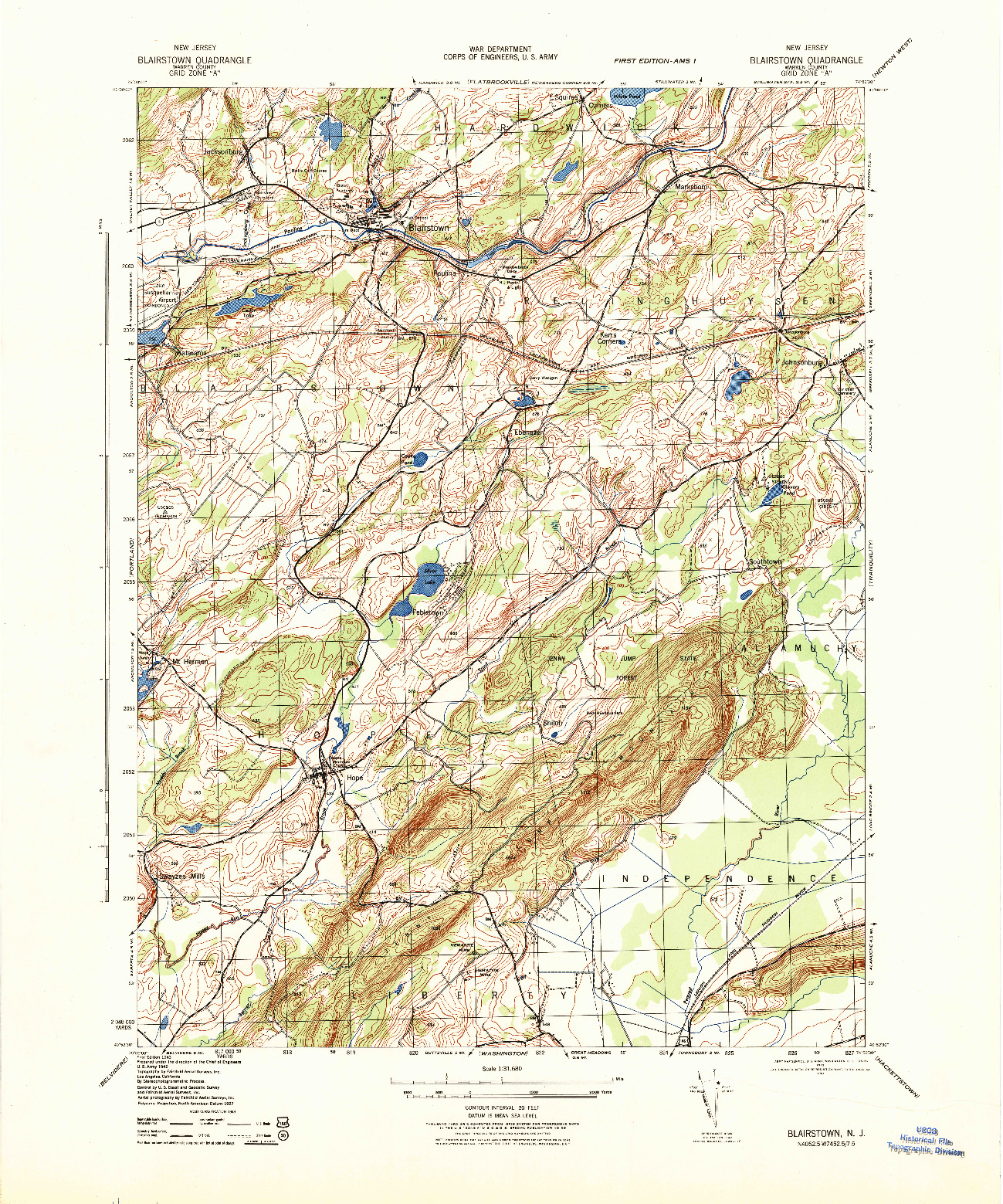 USGS 1:31680-SCALE QUADRANGLE FOR BLAIRSTOWN, NJ 1943