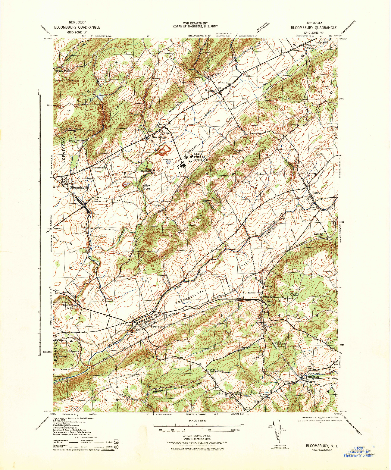 USGS 1:31680-SCALE QUADRANGLE FOR BLOOMSBURY, NJ 1943