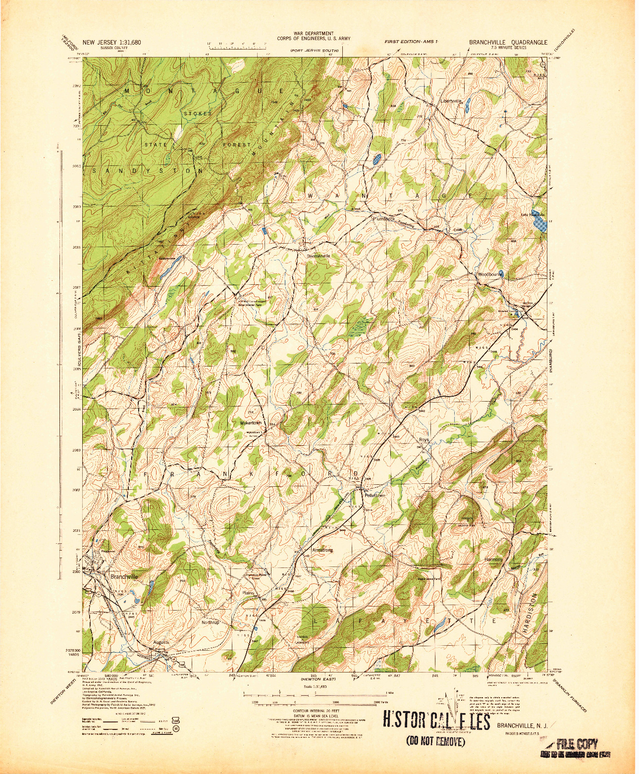USGS 1:31680-SCALE QUADRANGLE FOR BRANCHVILLE, NJ 1943