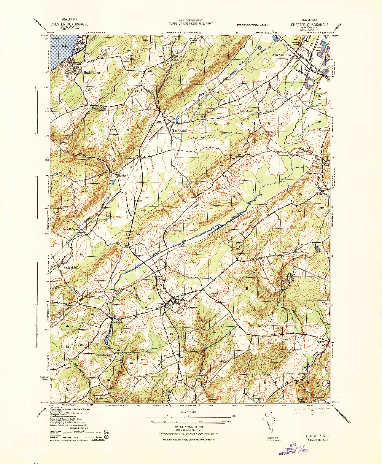 USGS 1:31680-SCALE QUADRANGLE FOR CHESTER, NJ 1943