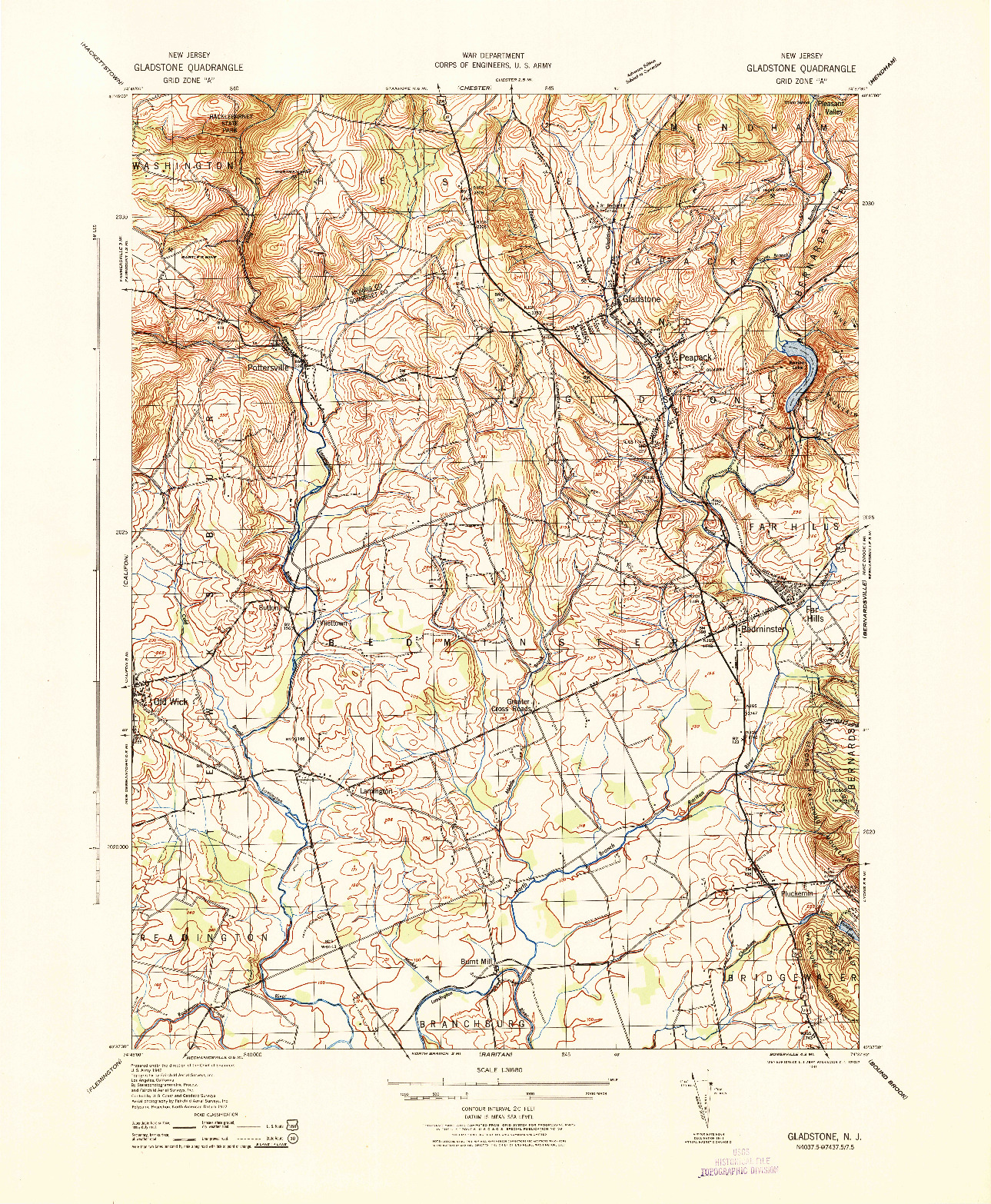 USGS 1:31680-SCALE QUADRANGLE FOR GLADSTONE, NJ 1943