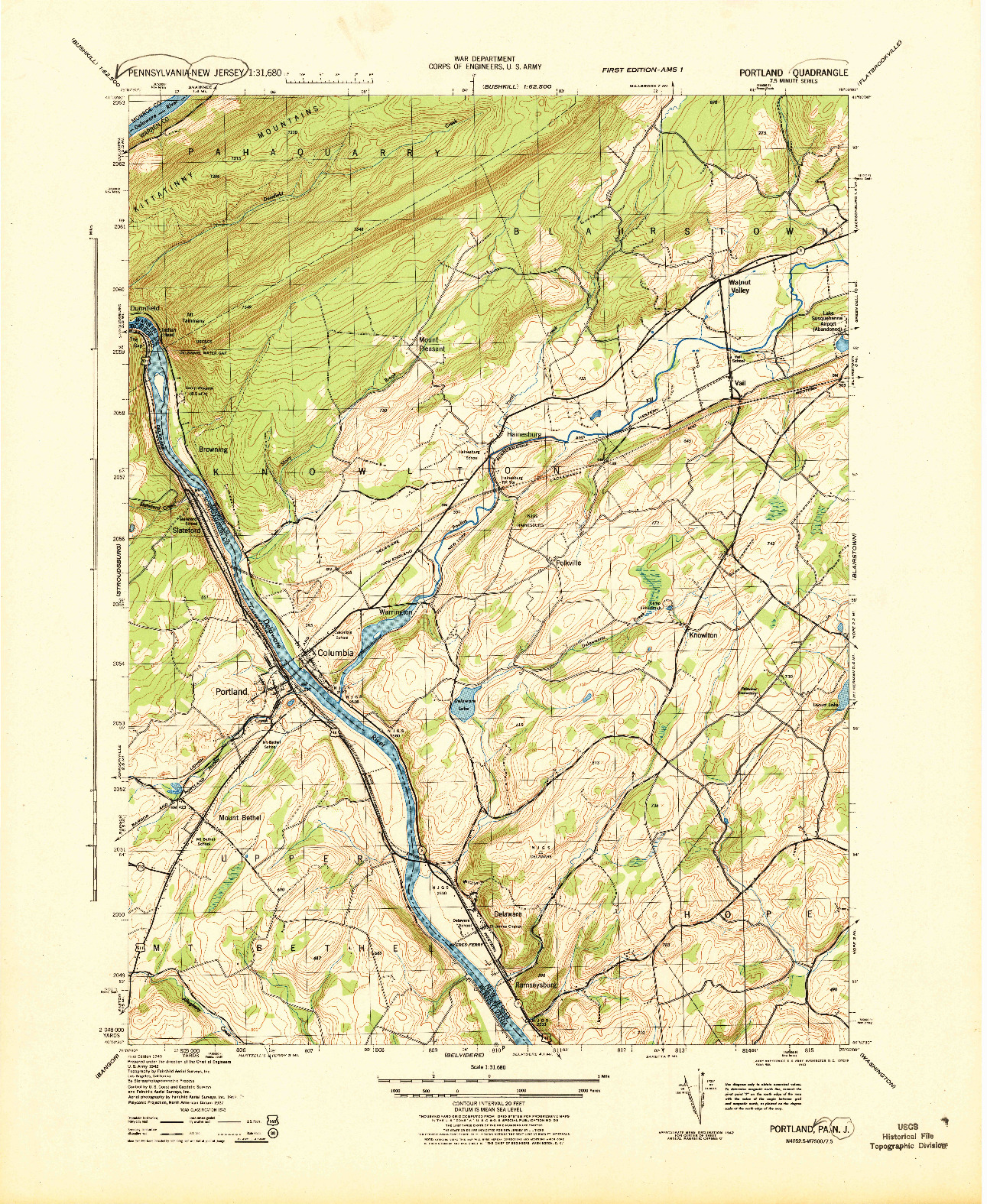 USGS 1:31680-SCALE QUADRANGLE FOR PORTLAND, NJ 1943