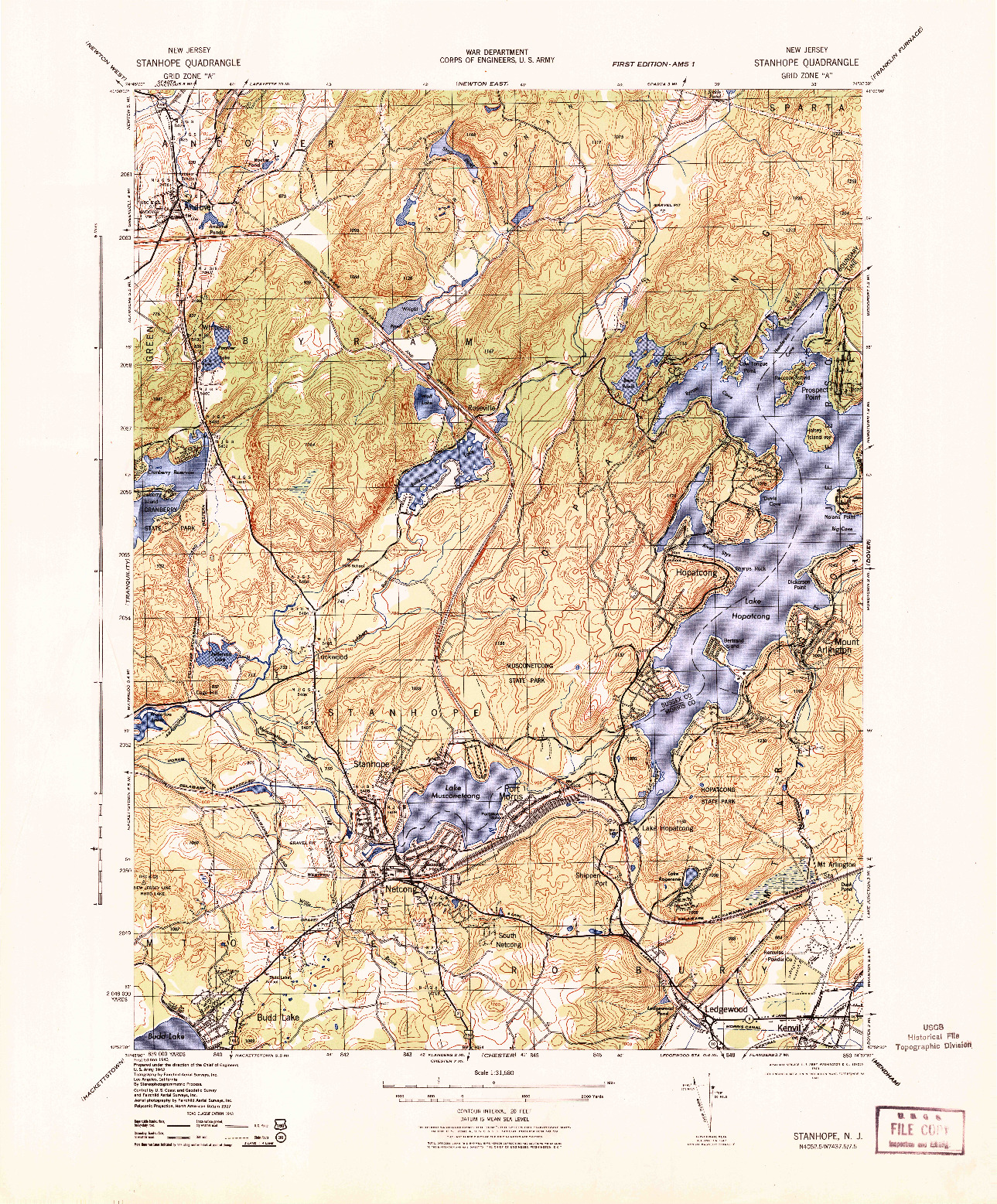USGS 1:31680-SCALE QUADRANGLE FOR STANHOPE, NJ 1943