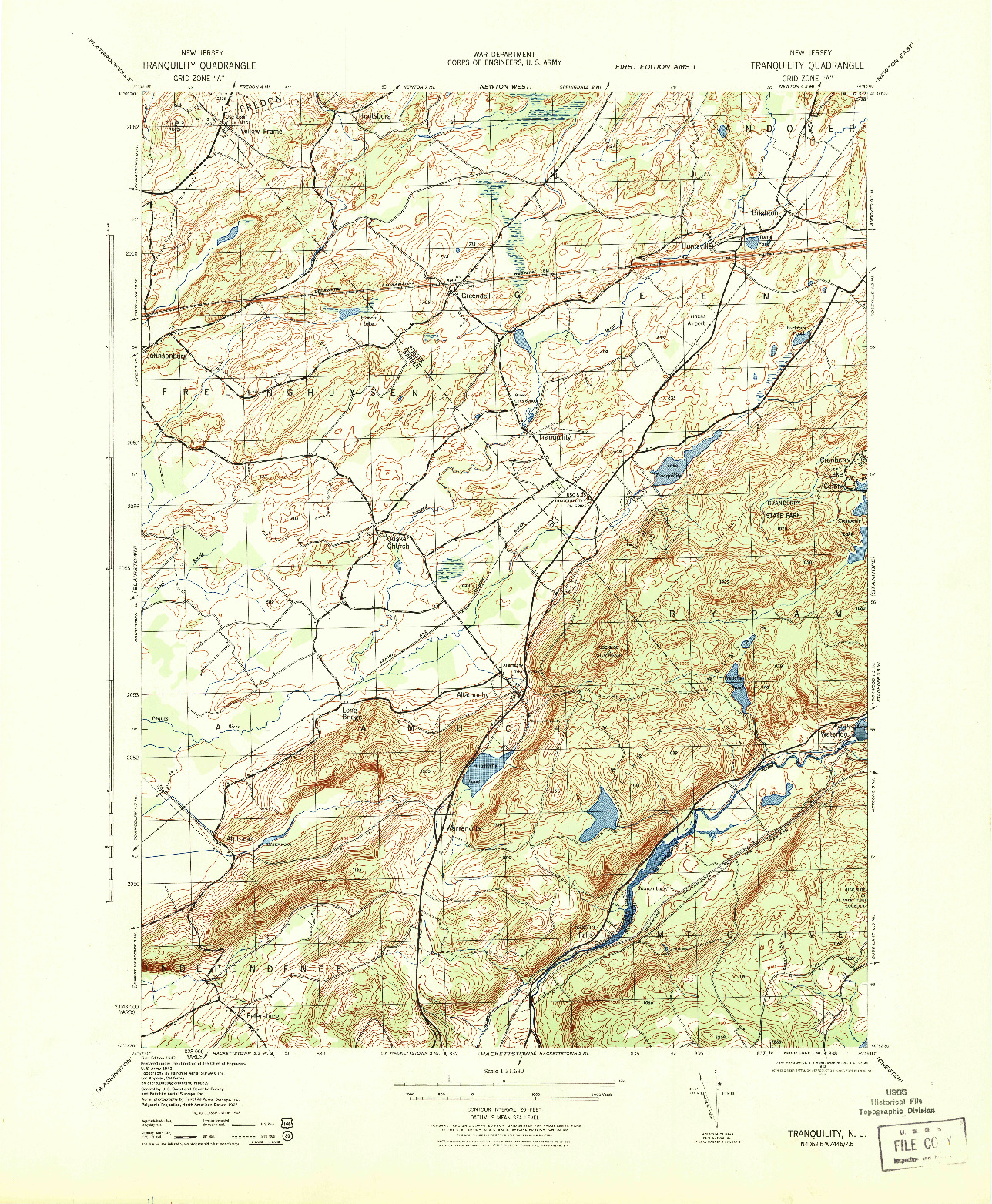USGS 1:31680-SCALE QUADRANGLE FOR TRANQUILITY, NJ 1943