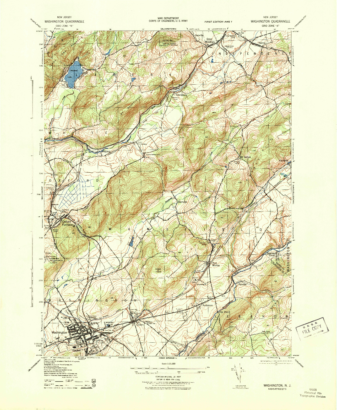 USGS 1:31680-SCALE QUADRANGLE FOR WASHINGTON, NJ 1943