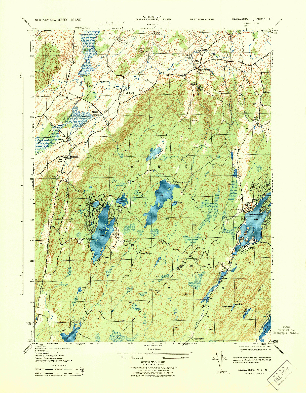 USGS 1:31680-SCALE QUADRANGLE FOR WAWAYANDA, NJ 1943