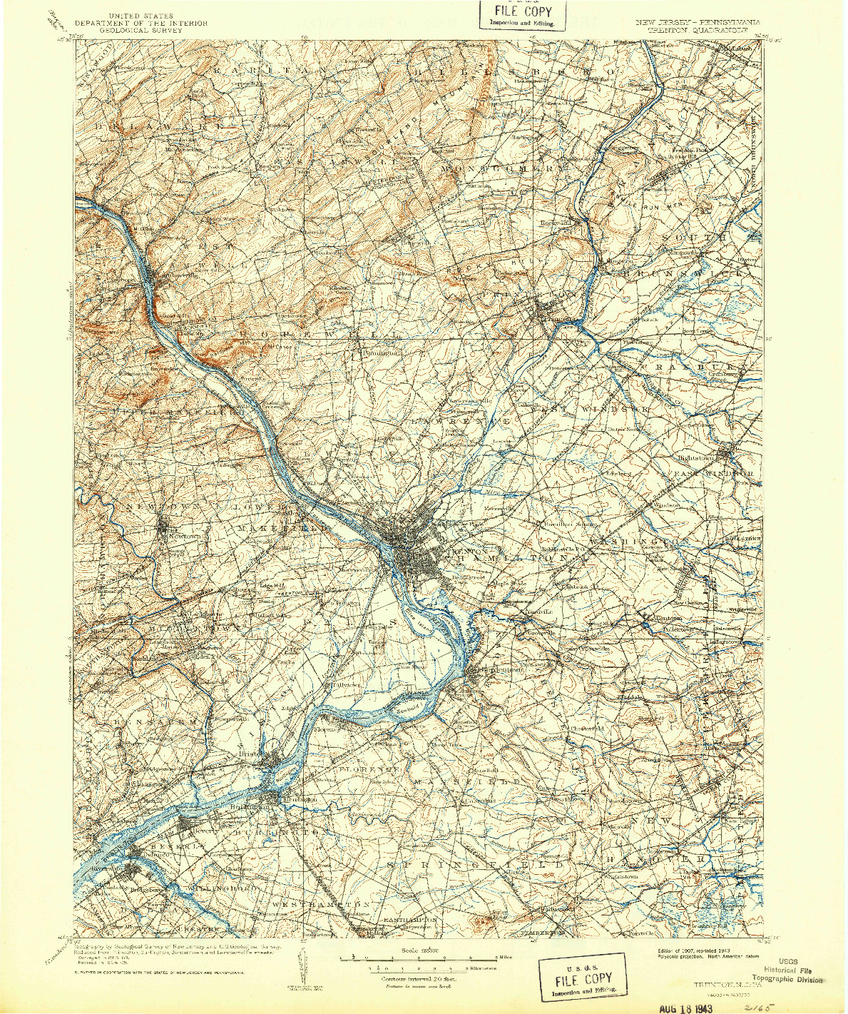 USGS 1:125000-SCALE QUADRANGLE FOR TRENTON, NJ 1907