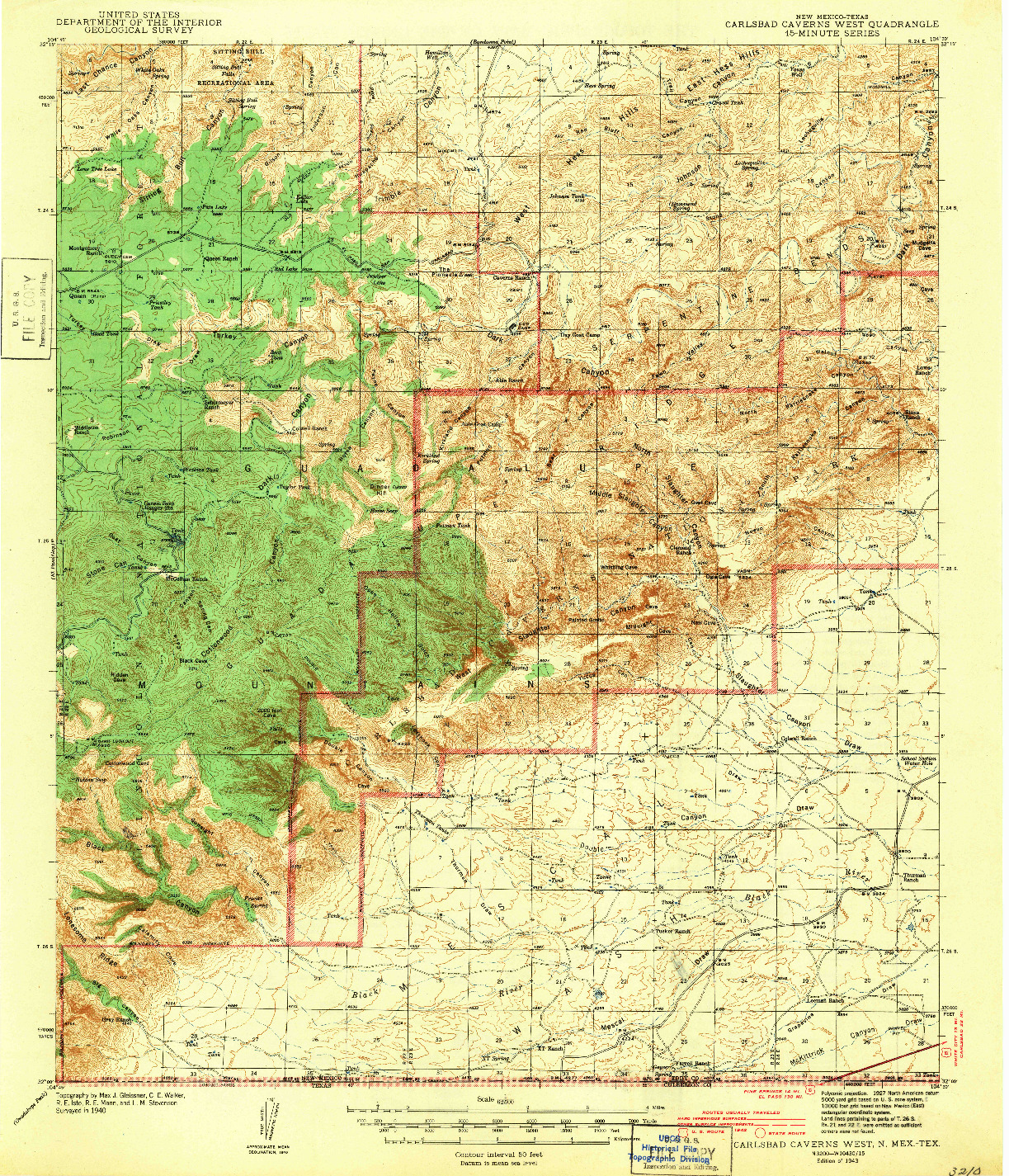 USGS 1:62500-SCALE QUADRANGLE FOR CARLSBAD CAVERNS WEST, NM 1943