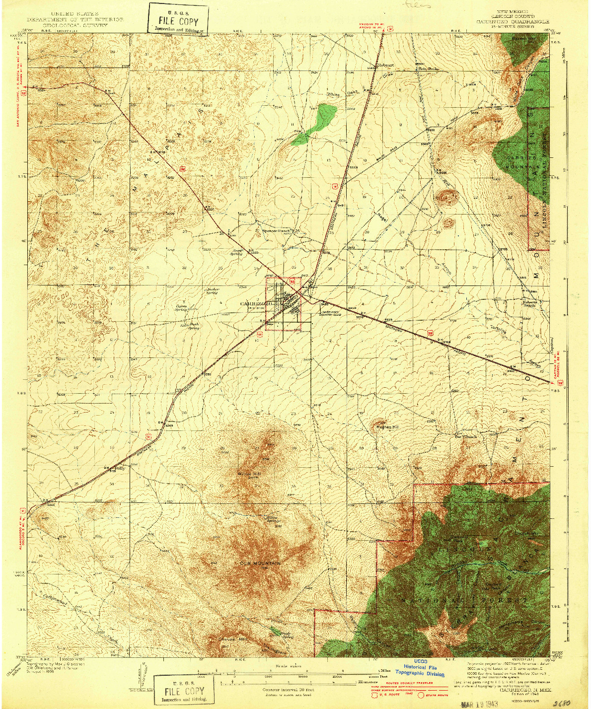 USGS 1:62500-SCALE QUADRANGLE FOR CARRIZOZO, NM 1943