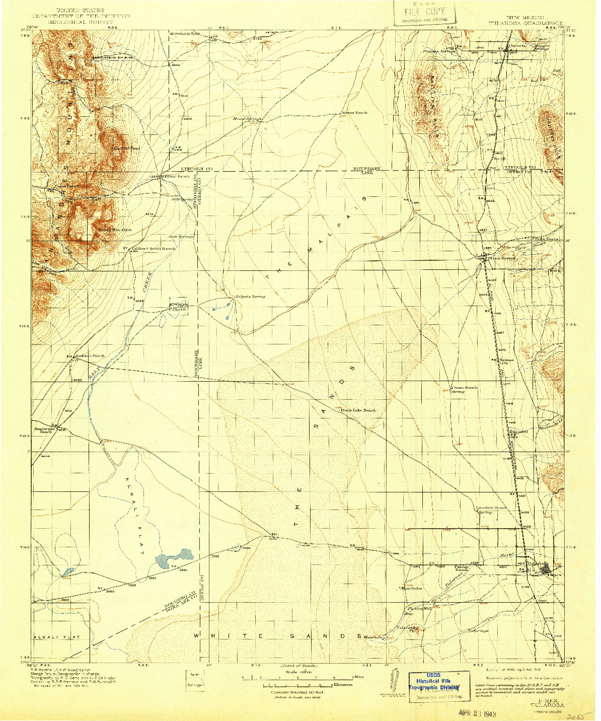 USGS 1:125000-SCALE QUADRANGLE FOR TULAROSA, NM 1916