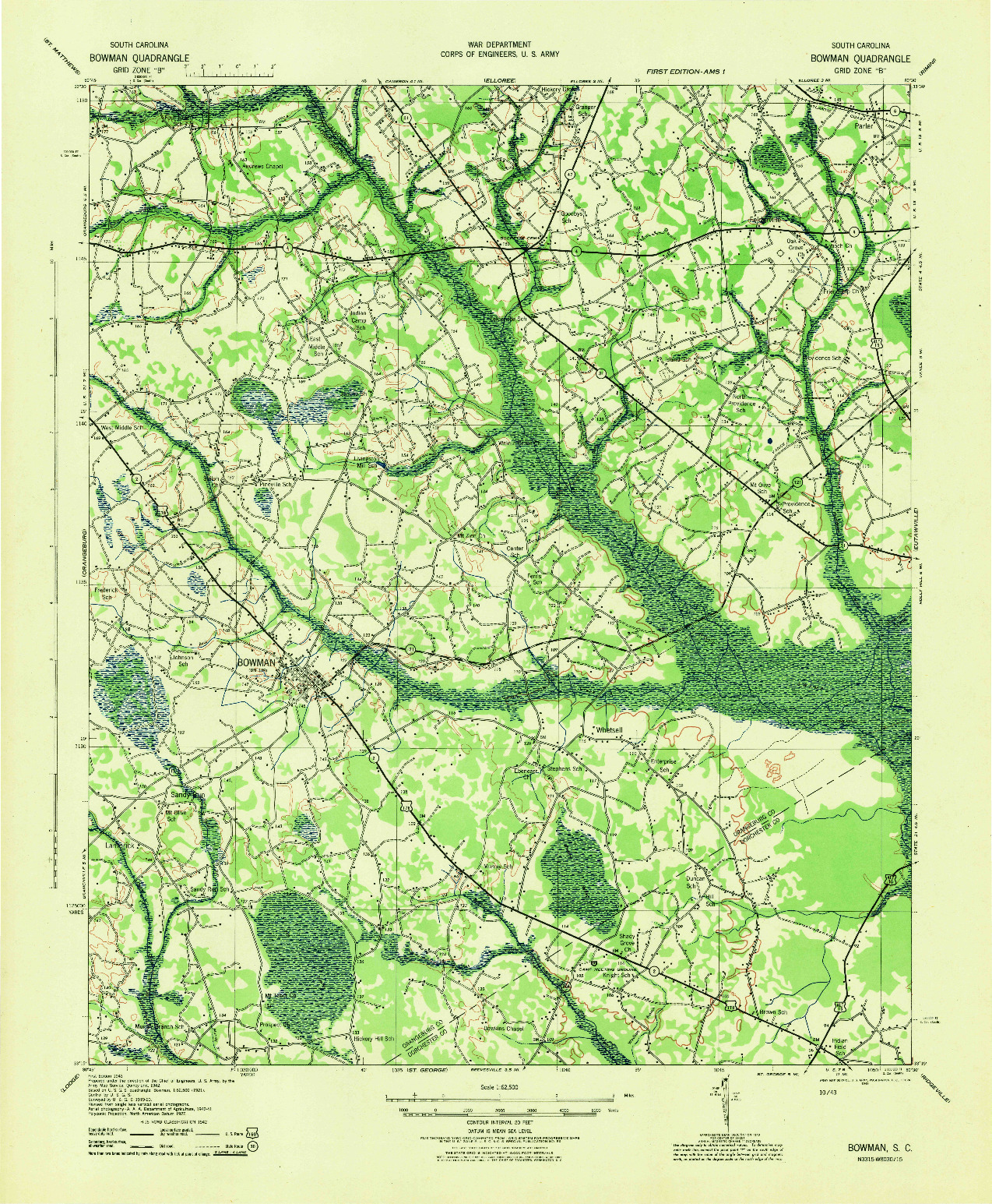 USGS 1:62500-SCALE QUADRANGLE FOR BOWMAN, SC 1943