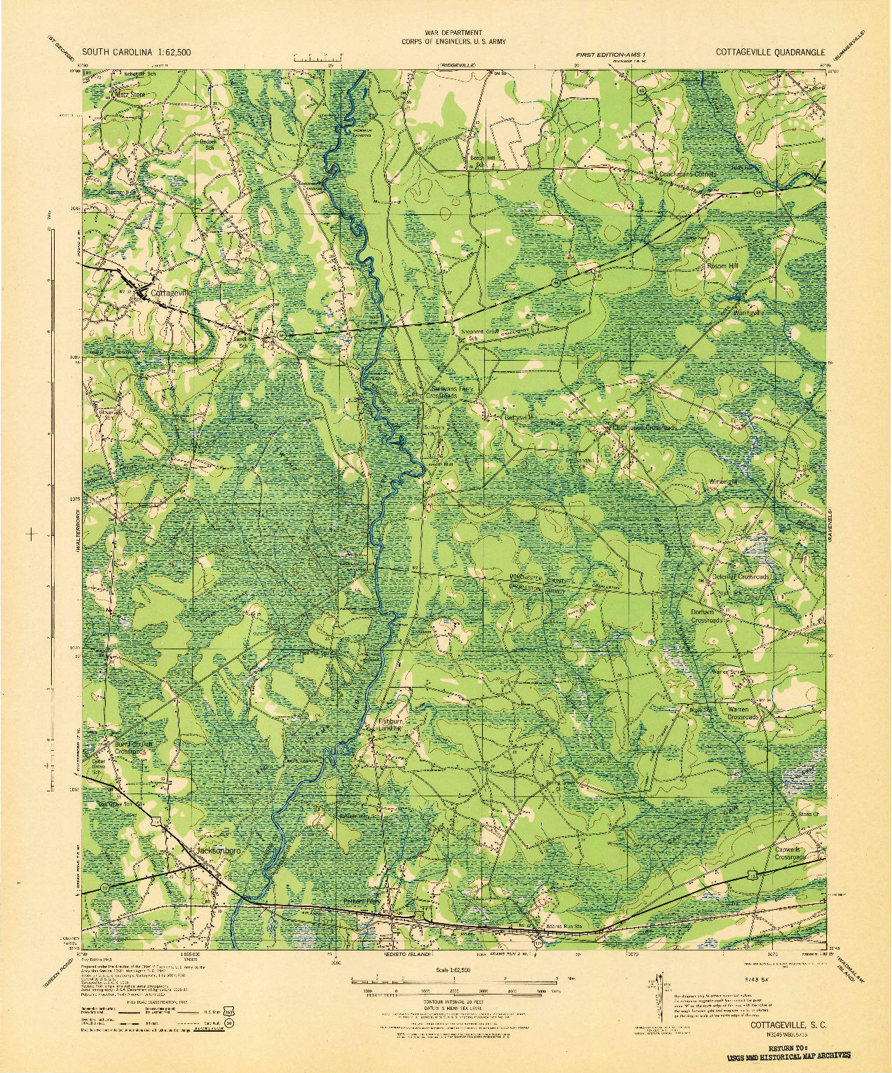 USGS 1:62500-SCALE QUADRANGLE FOR COTTAGEVILLE, SC 1943