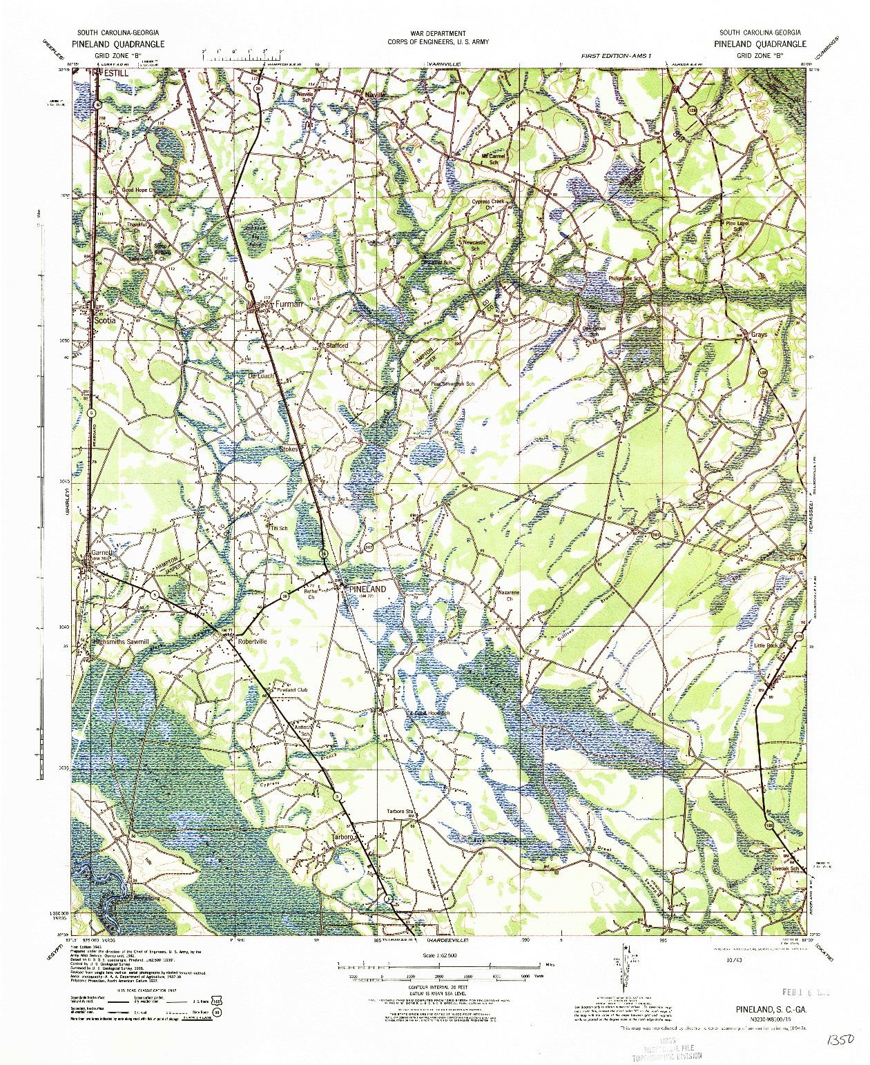 USGS 1:62500-SCALE QUADRANGLE FOR PINELAND, SC 1943