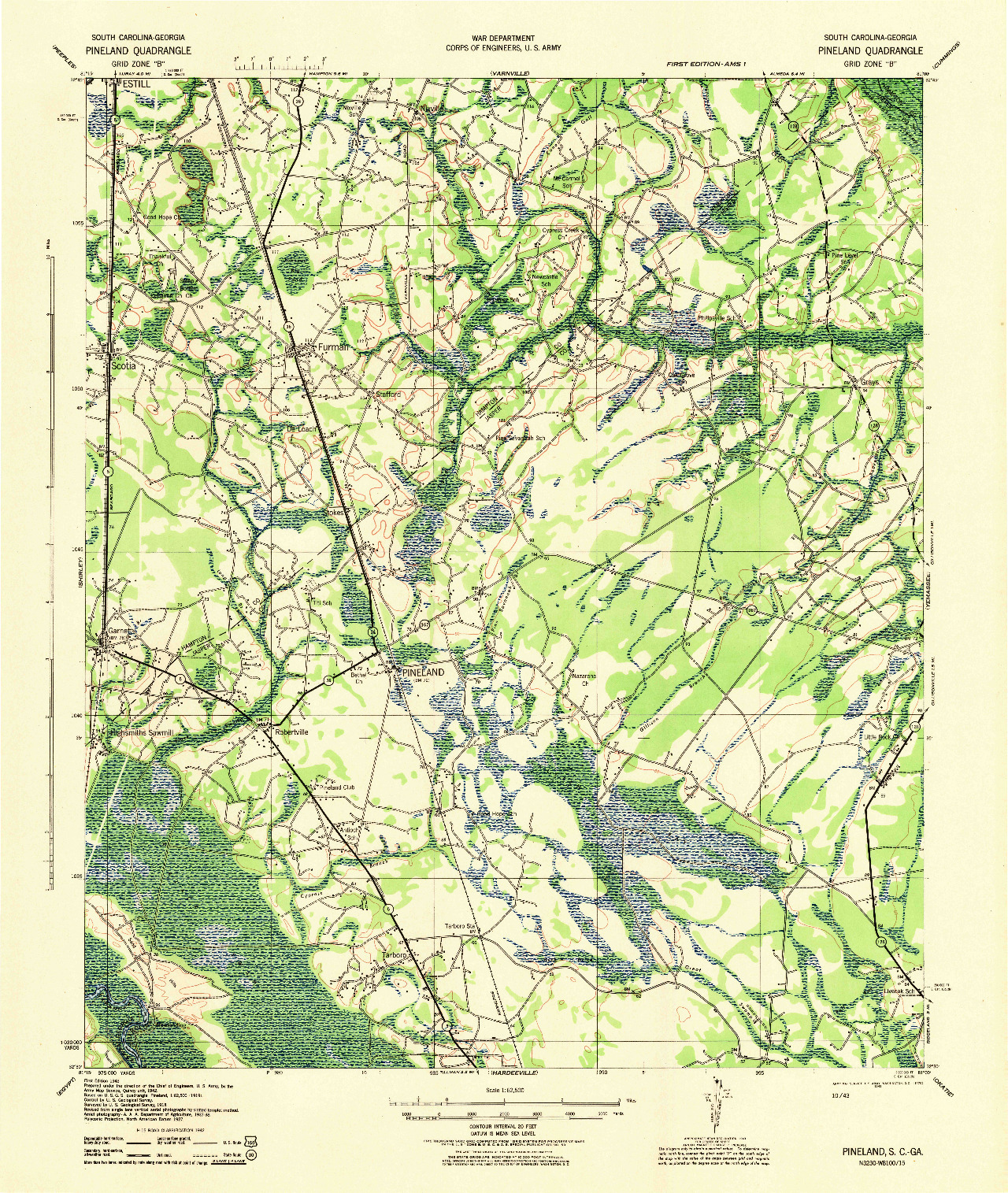USGS 1:62500-SCALE QUADRANGLE FOR PINELAND, SC 1943
