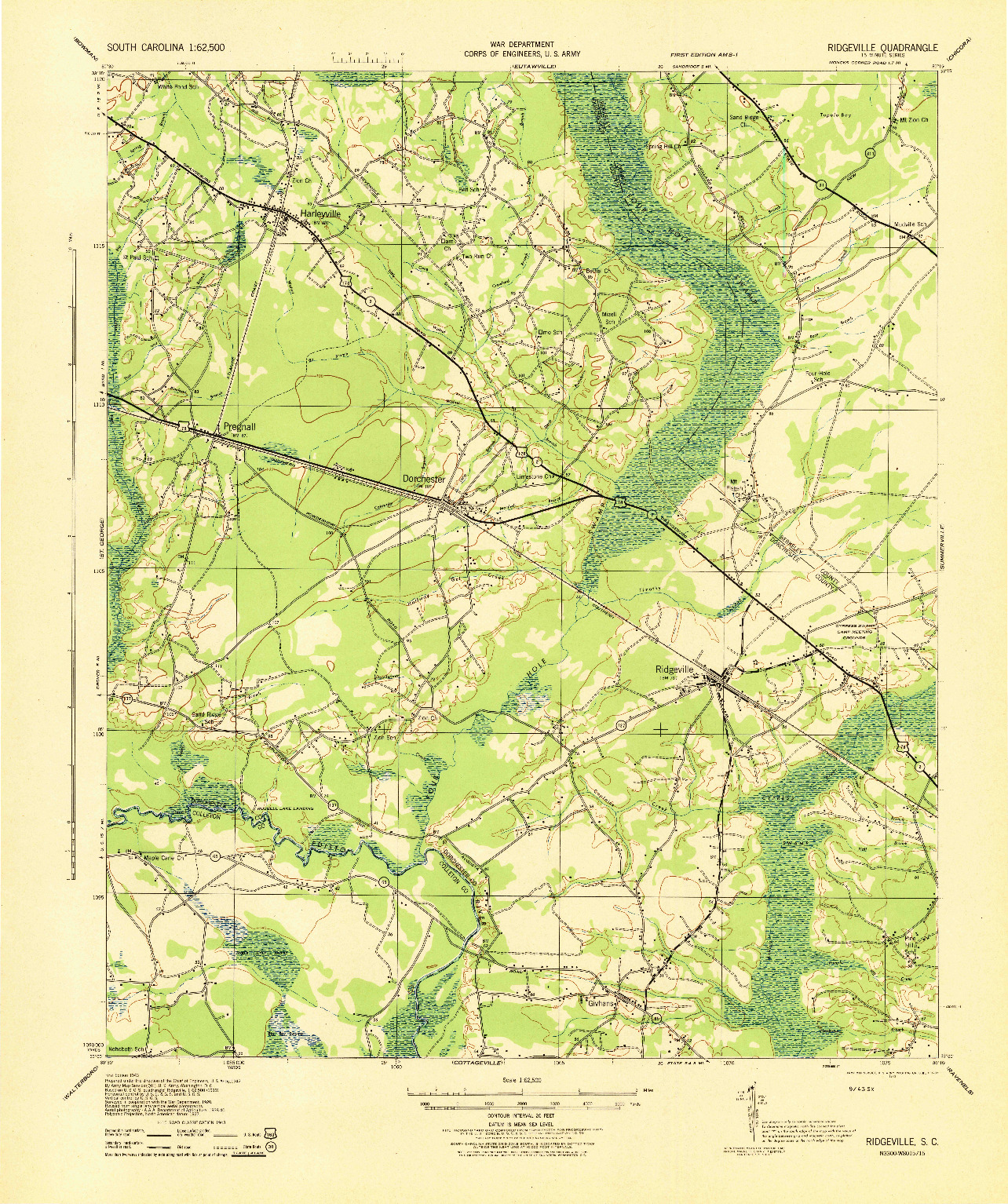 USGS 1:62500-SCALE QUADRANGLE FOR RIDGEVILLE, SC 1943
