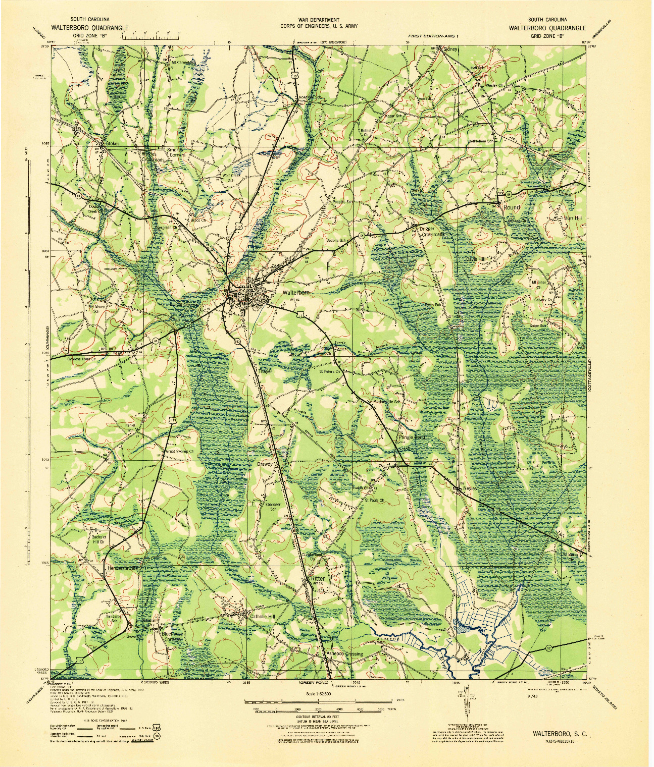 USGS 1:62500-SCALE QUADRANGLE FOR WALTERBORO, SC 1943