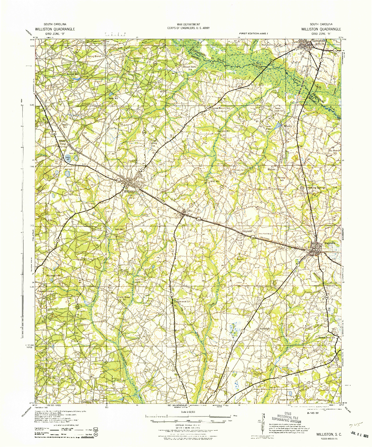 USGS 1:62500-SCALE QUADRANGLE FOR WILLISTON, SC 1943