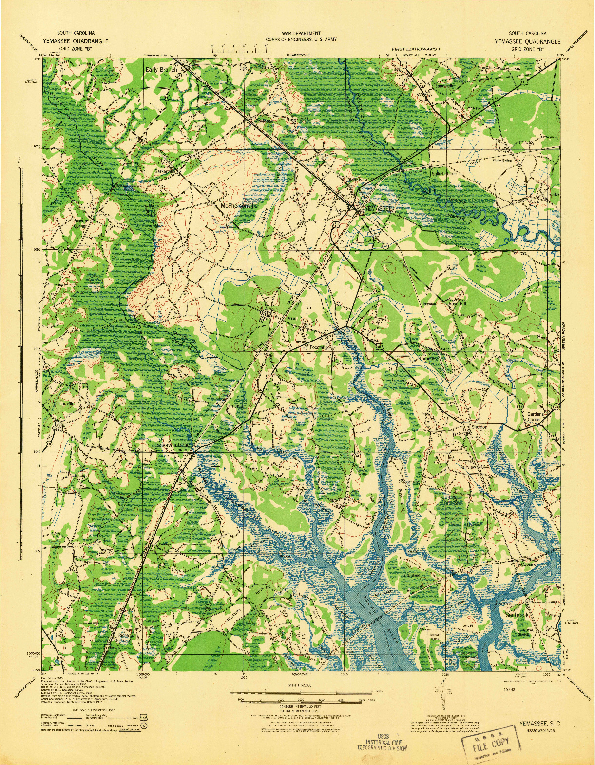 USGS 1:62500-SCALE QUADRANGLE FOR YEMASSEE, SC 1943