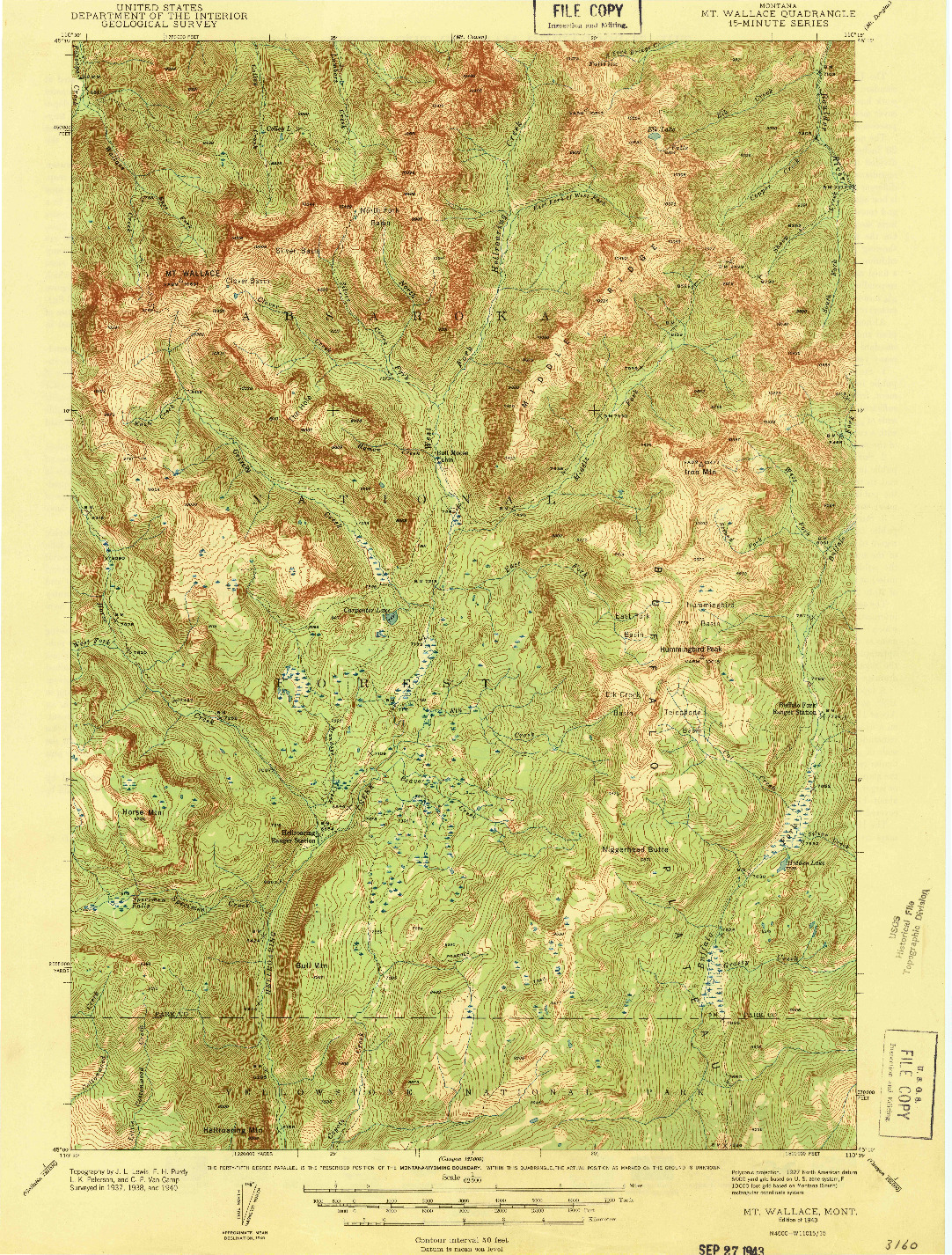 USGS 1:62500-SCALE QUADRANGLE FOR MT WALLACE, MT 1943