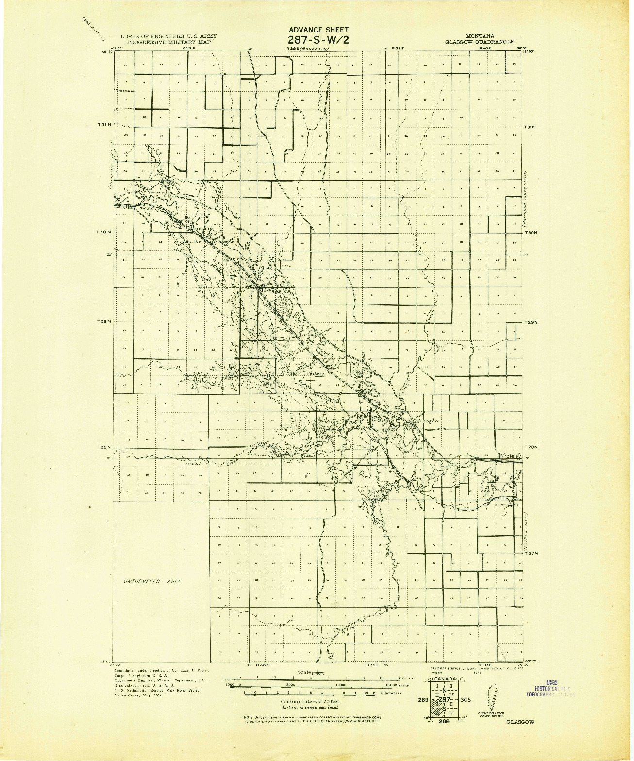 USGS 1:125000-SCALE QUADRANGLE FOR GLASGOW, MT 1943