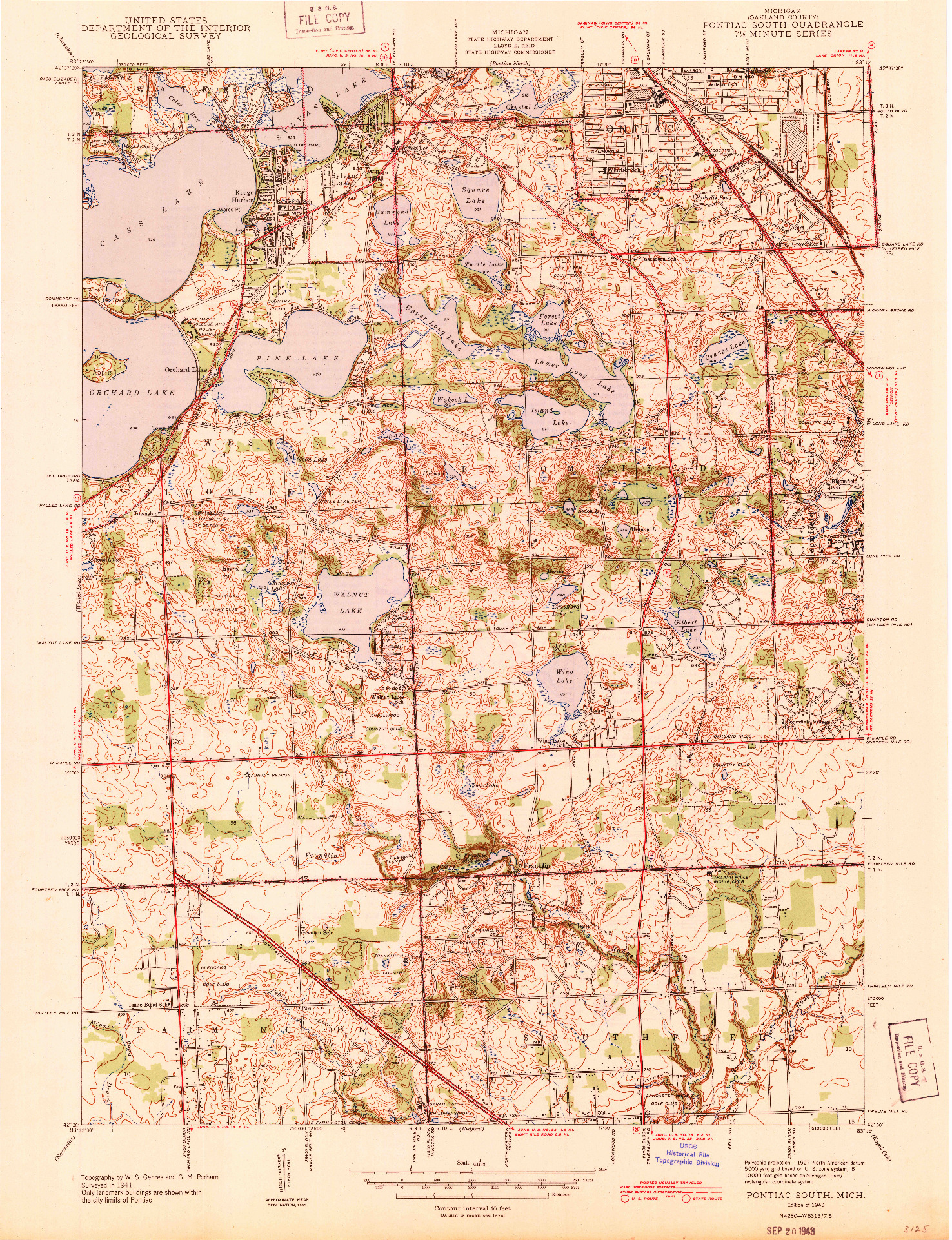 USGS 1:24000-SCALE QUADRANGLE FOR PONTIAC SOUTH, MI 1943