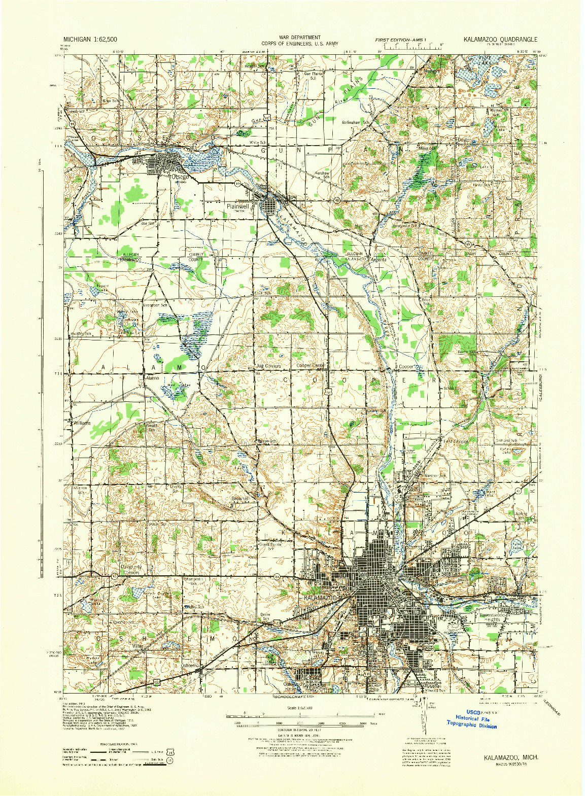 USGS 1:62500-SCALE QUADRANGLE FOR KALAMAZOO, MI 1943