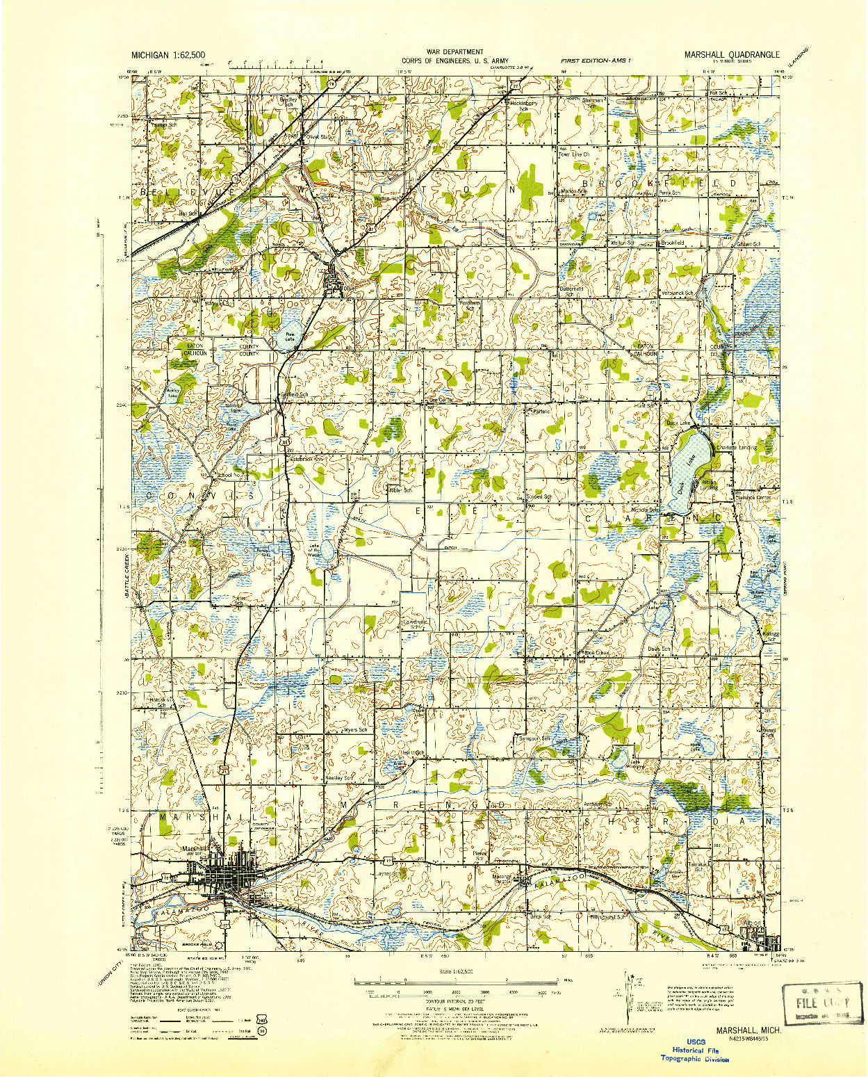 USGS 1:62500-SCALE QUADRANGLE FOR MARSHALL, MI 1943