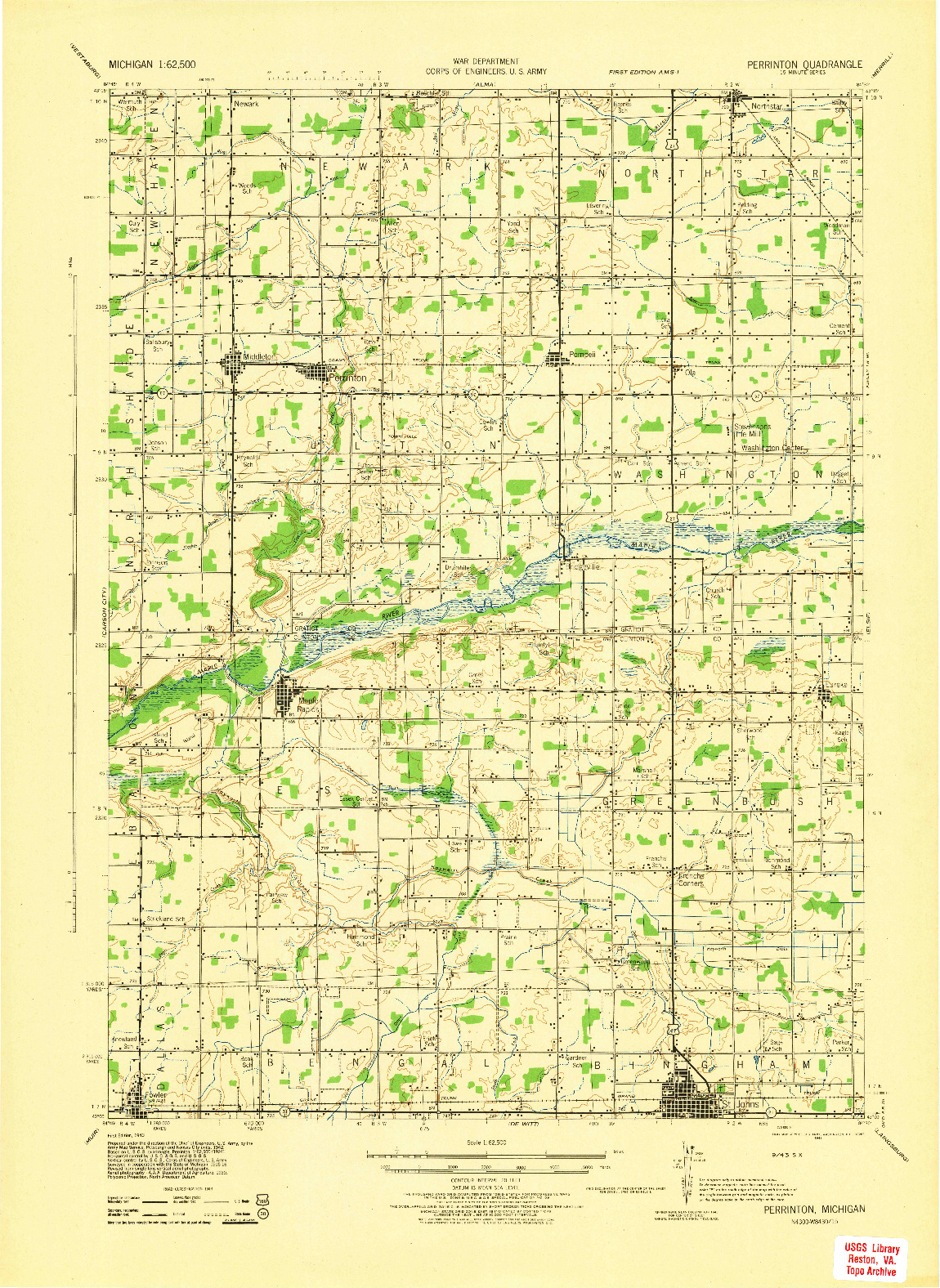 USGS 1:62500-SCALE QUADRANGLE FOR PERRINTON, MI 1943