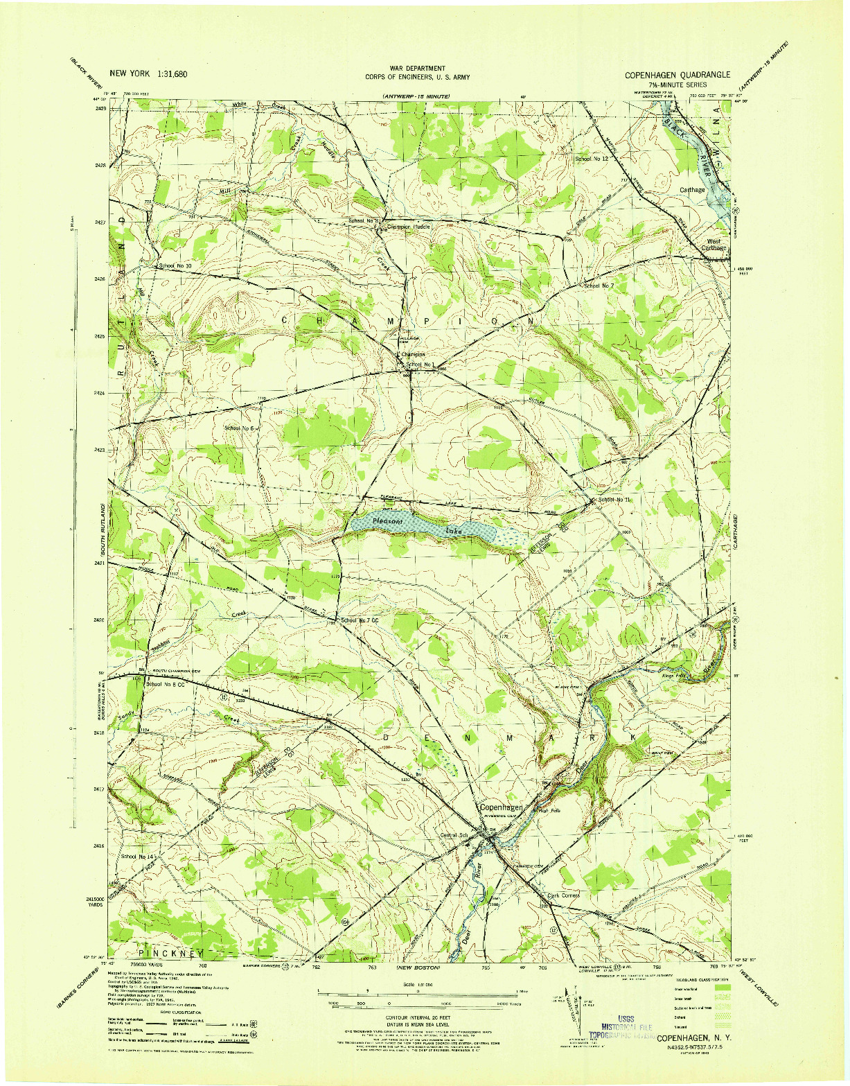 USGS 1:31680-SCALE QUADRANGLE FOR COPENHAGEN, NY 1943