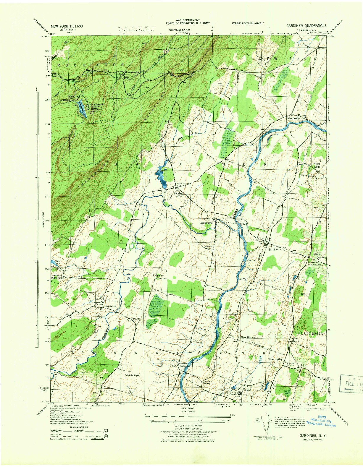 USGS 1:31680-SCALE QUADRANGLE FOR GARDINER, NY 1943