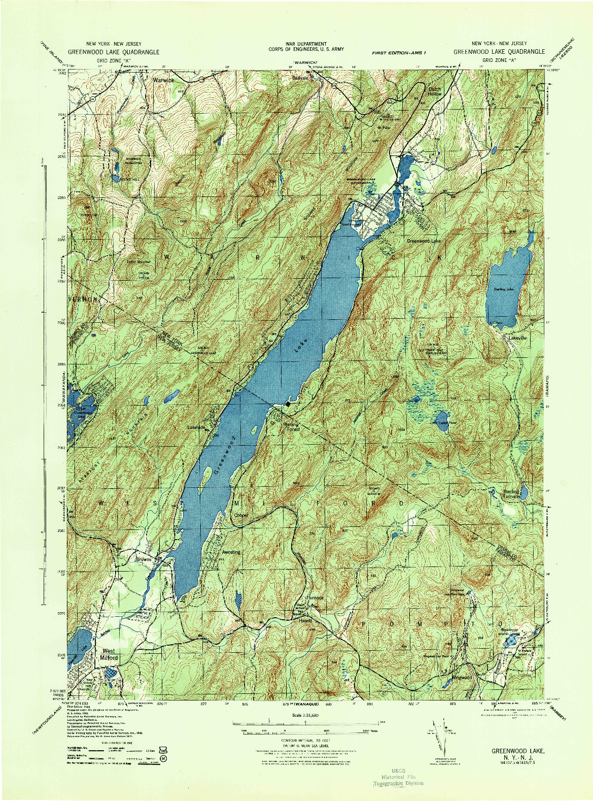 USGS 1:31680-SCALE QUADRANGLE FOR GREENWOOD LAKE, NY 1943