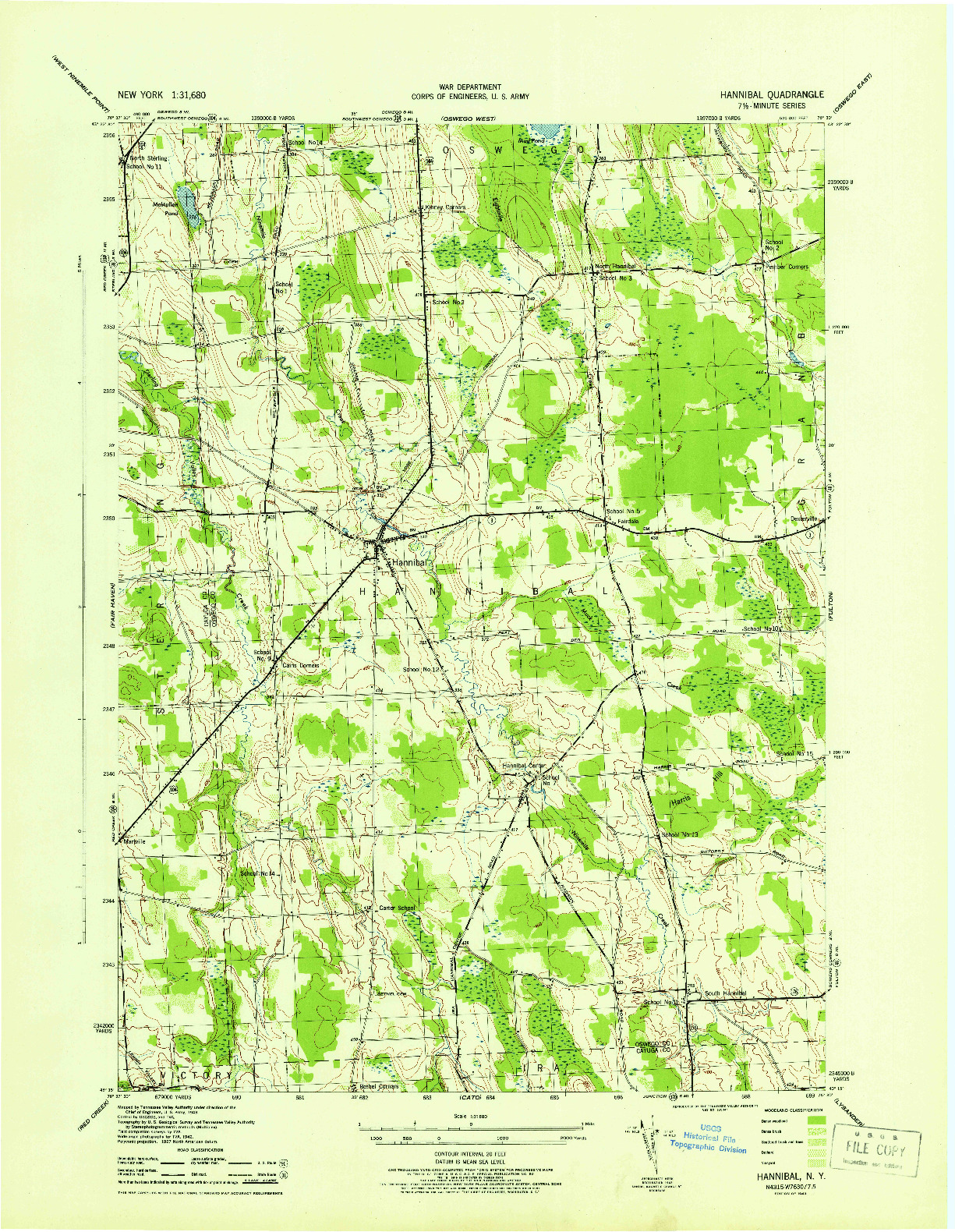 USGS 1:31680-SCALE QUADRANGLE FOR HANNIBAL, NY 1943