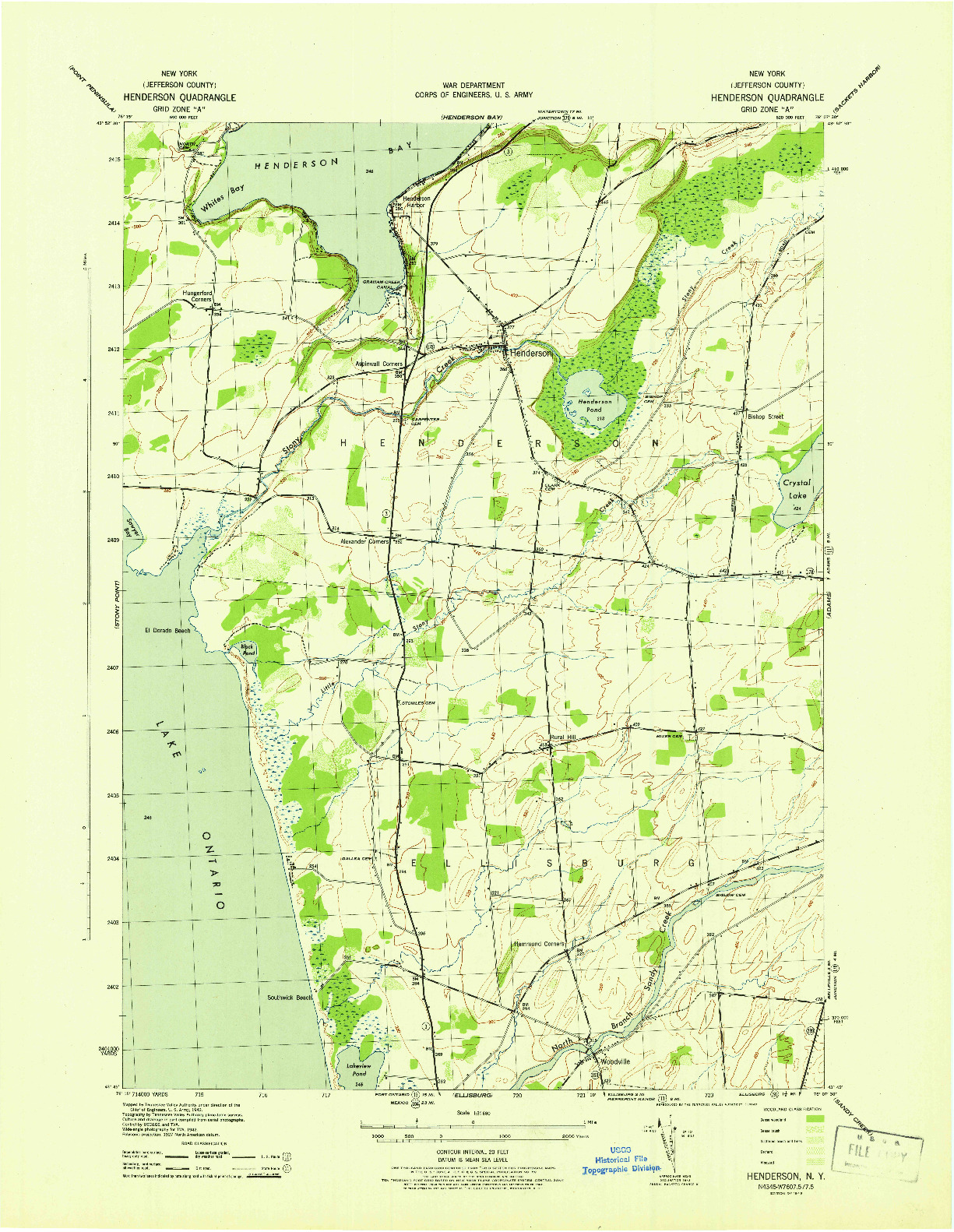 USGS 1:31680-SCALE QUADRANGLE FOR HENDERSON, NY 1943
