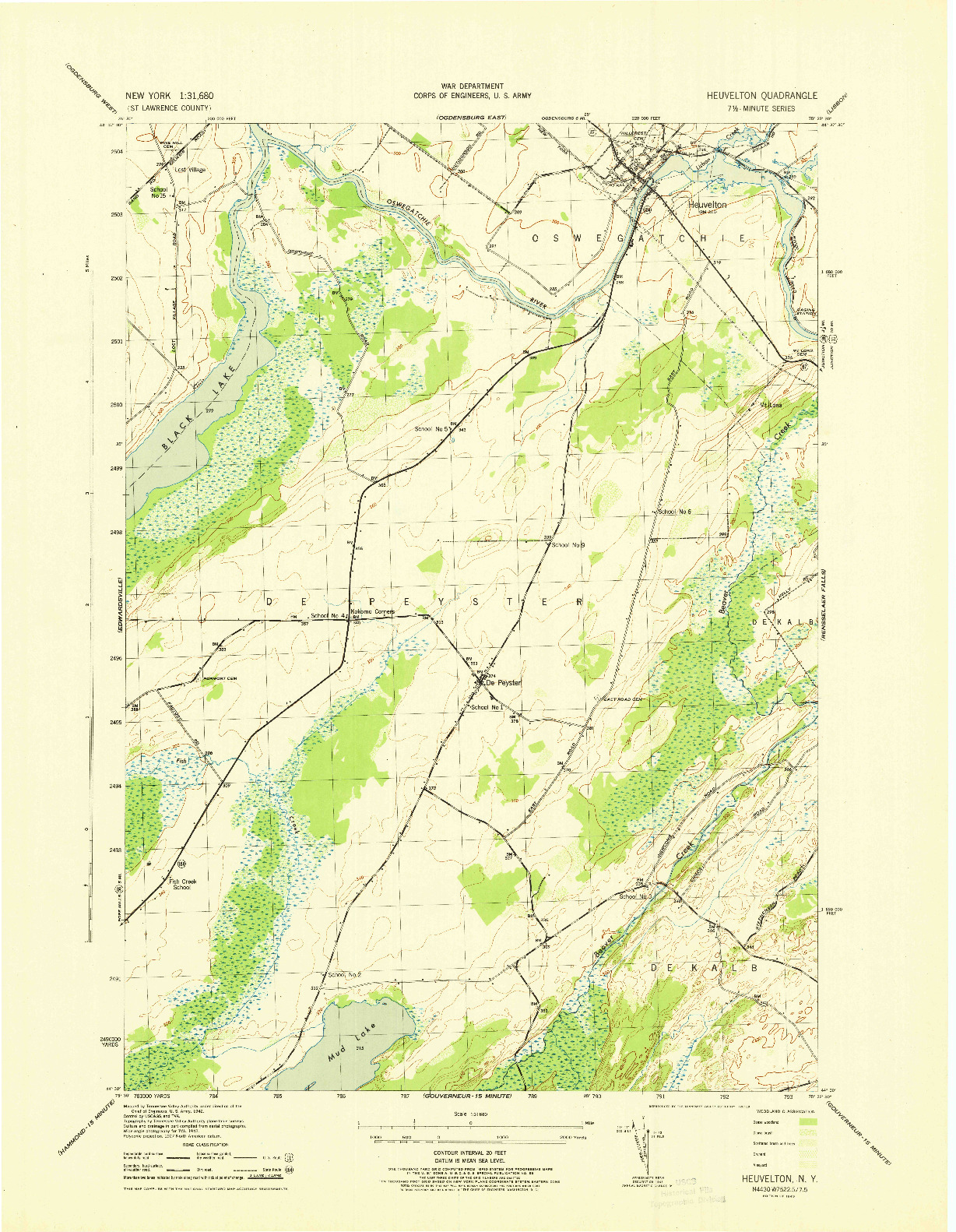 USGS 1:31680-SCALE QUADRANGLE FOR HEUVELTON, NY 1943
