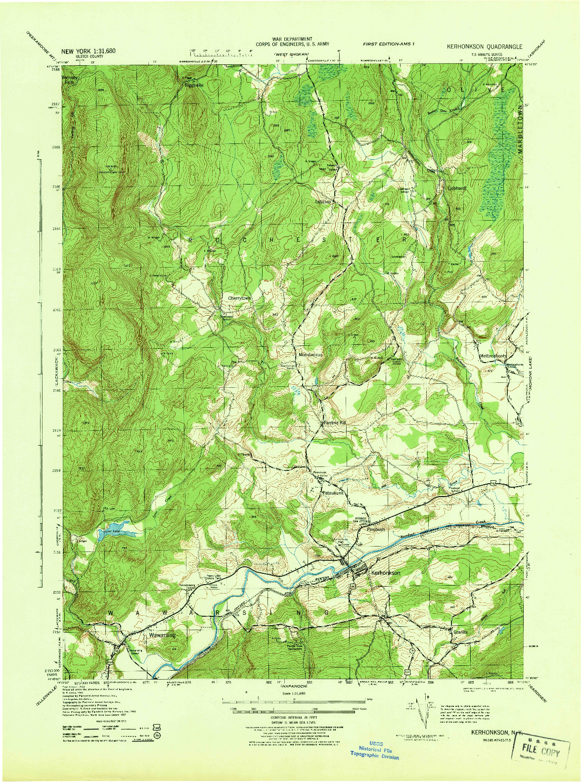 USGS 1:31680-SCALE QUADRANGLE FOR KERHONKSON, NY 1943