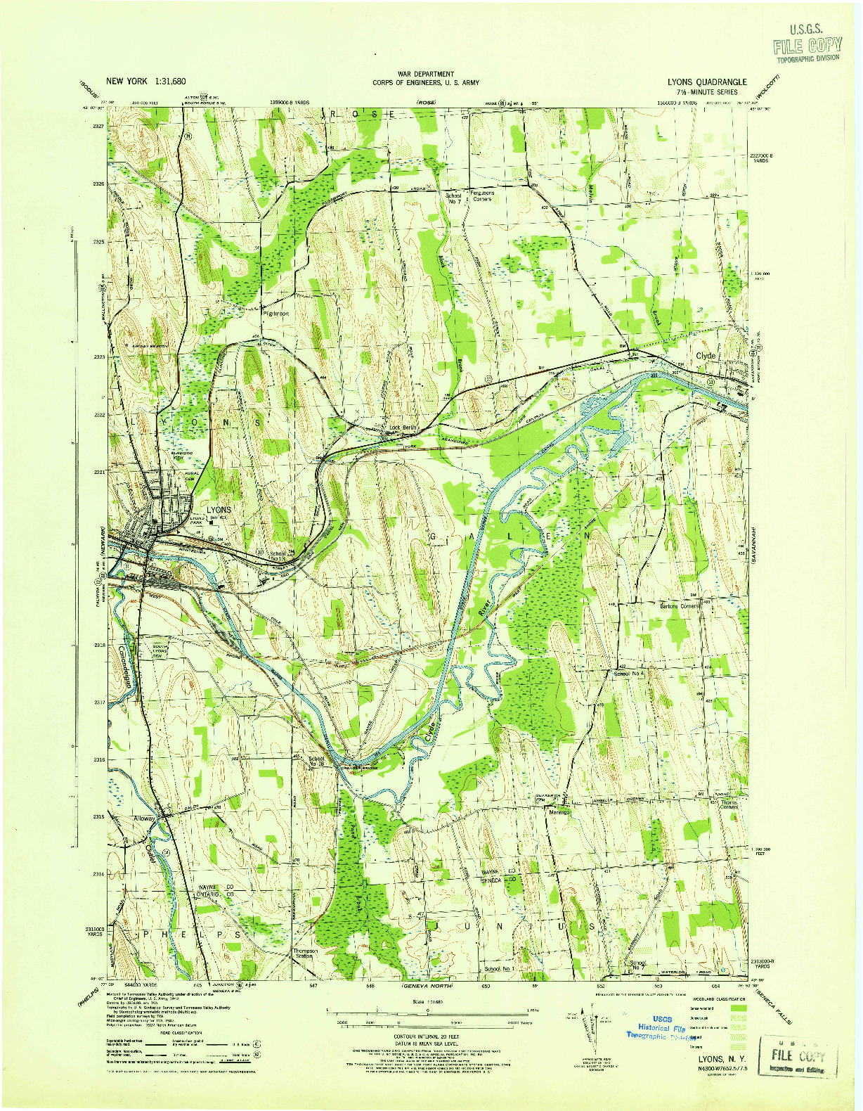USGS 1:31680-SCALE QUADRANGLE FOR LYONS, NY 1943