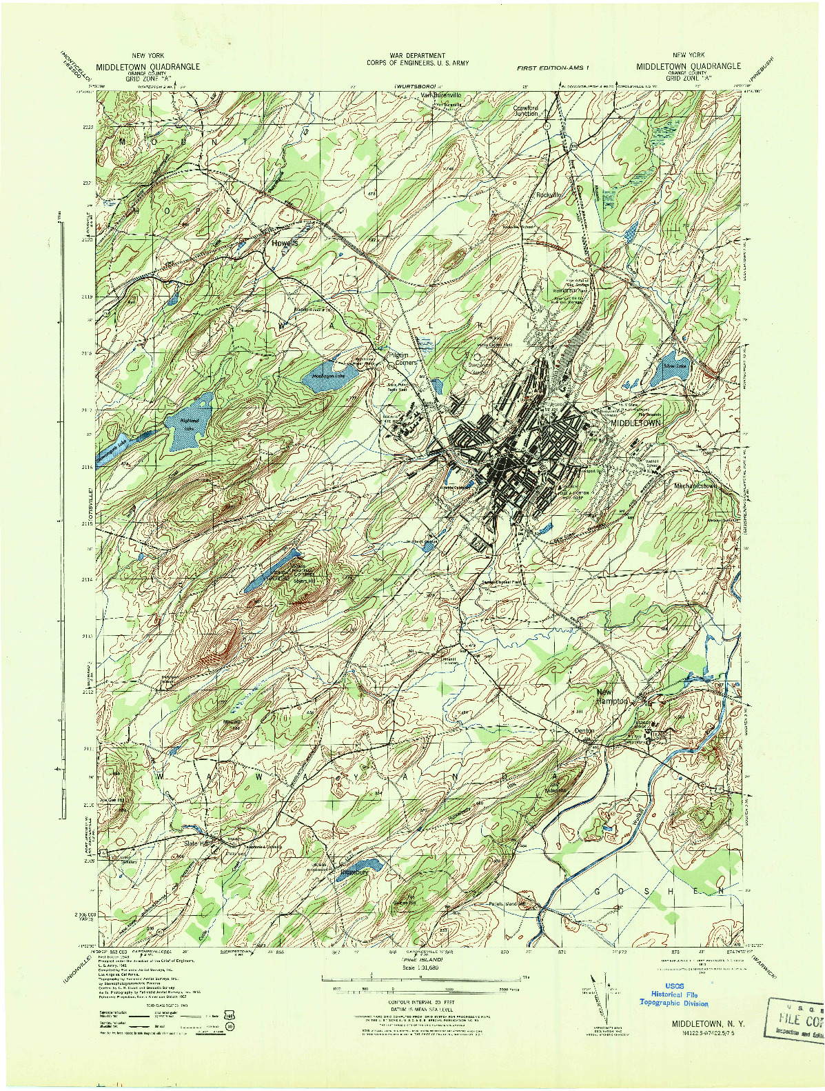USGS 1:31680-SCALE QUADRANGLE FOR MIDDLETOWN, NY 1943